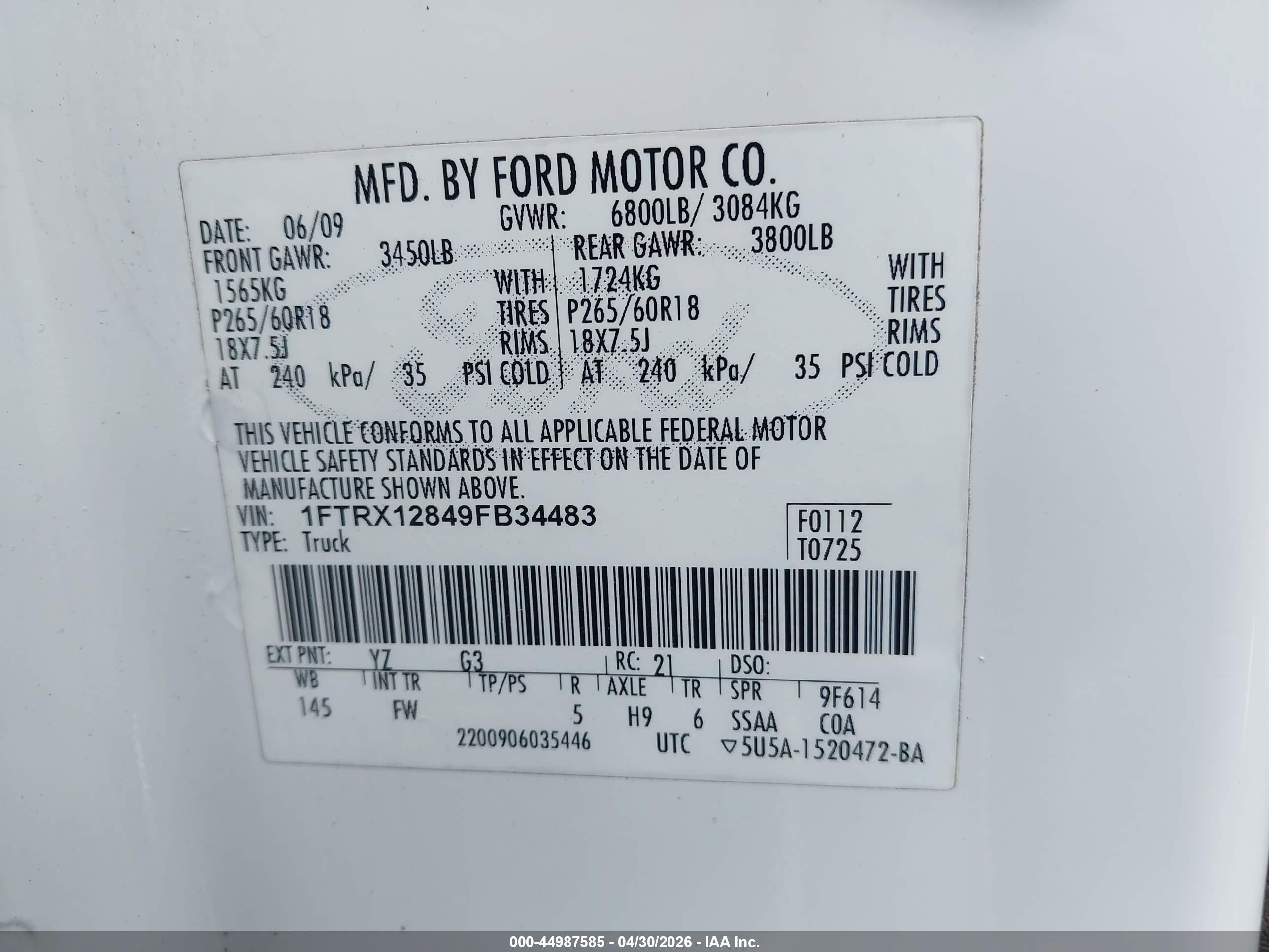 2009 Ford F-150 Stx/xl/xlt White vin: 1FTRX12849FB34483