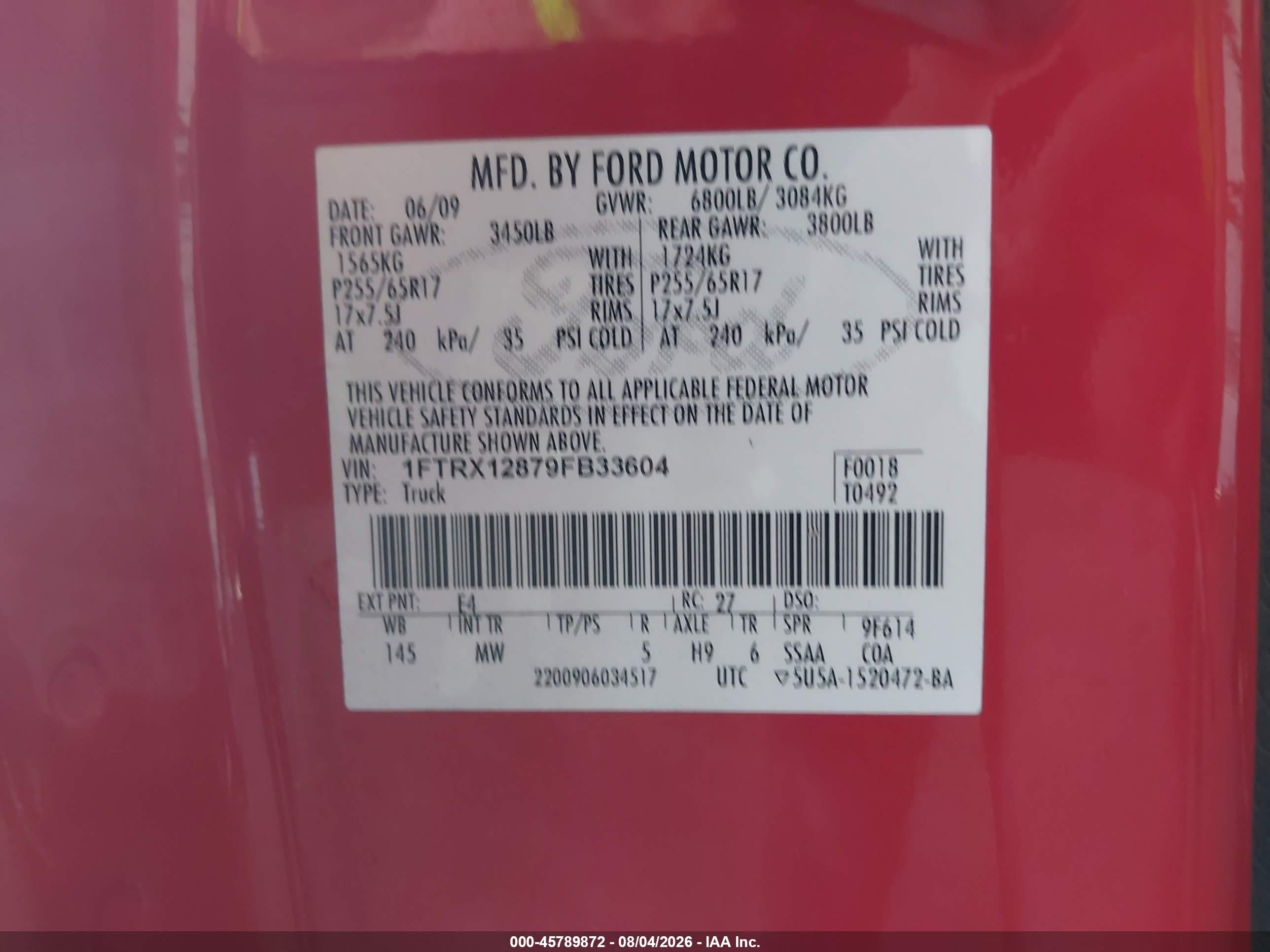 2009 Ford F-150 Stx/xl/xlt Red vin: 1FTRX12879FB33604