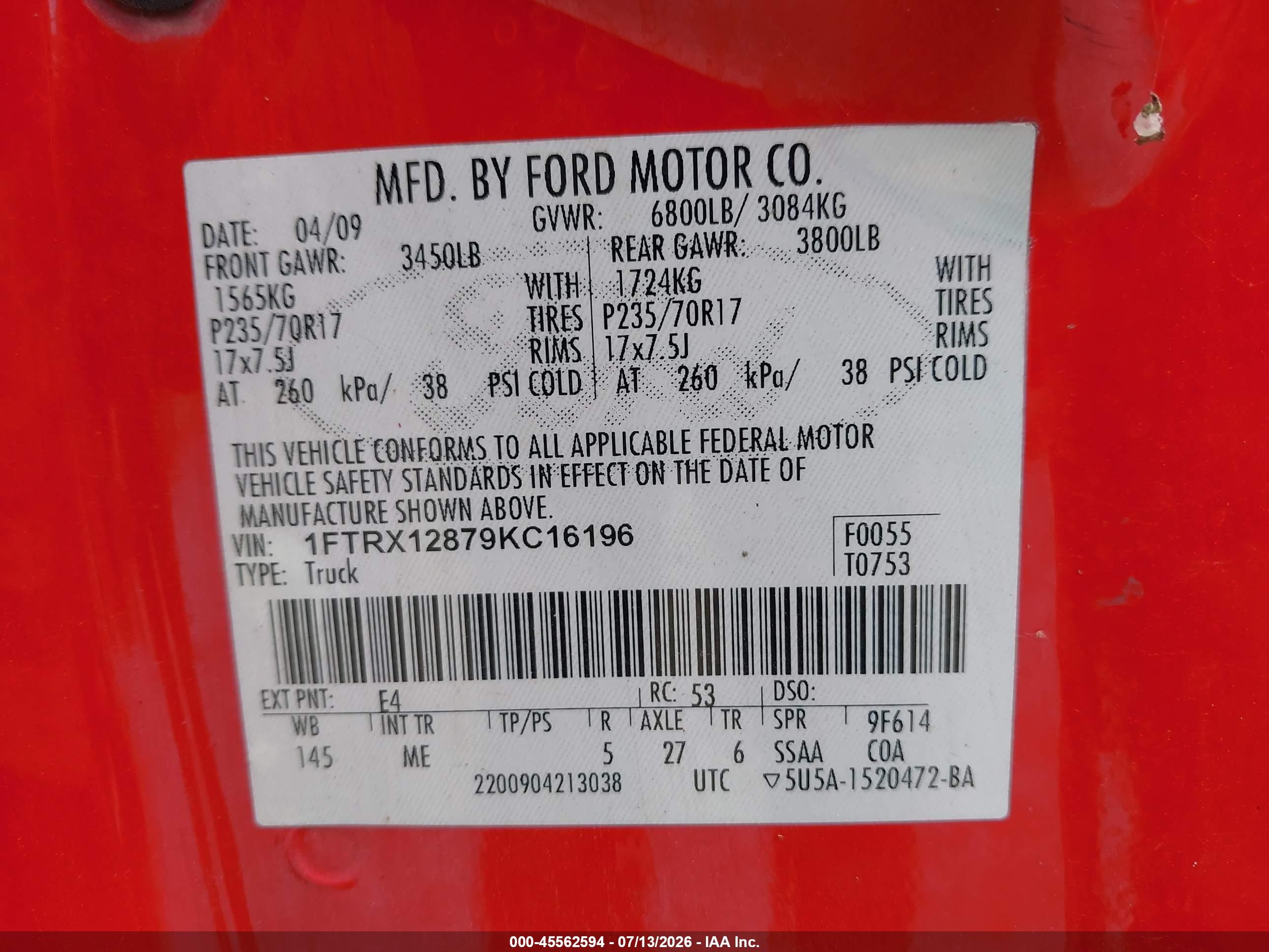 2009 Ford F-150 Stx/xl/xlt Red vin: 1FTRX12879KC16196