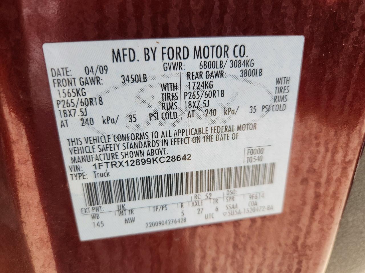 2009 Ford F150 Super Cab Burgundy vin: 1FTRX12899KC28642