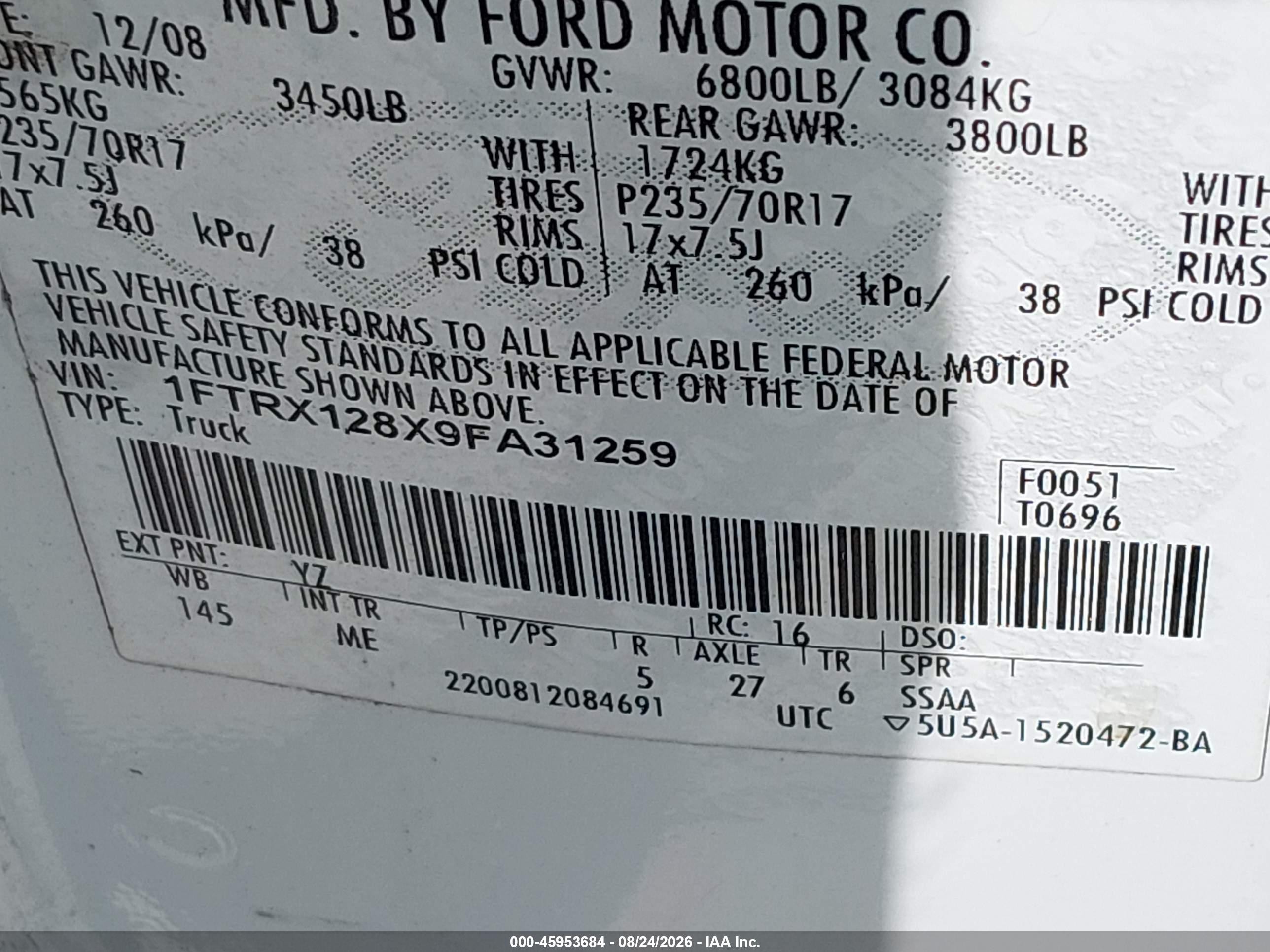 2009 Ford F150 Super Cab Белый vin: 1FTRX128X9FA31259