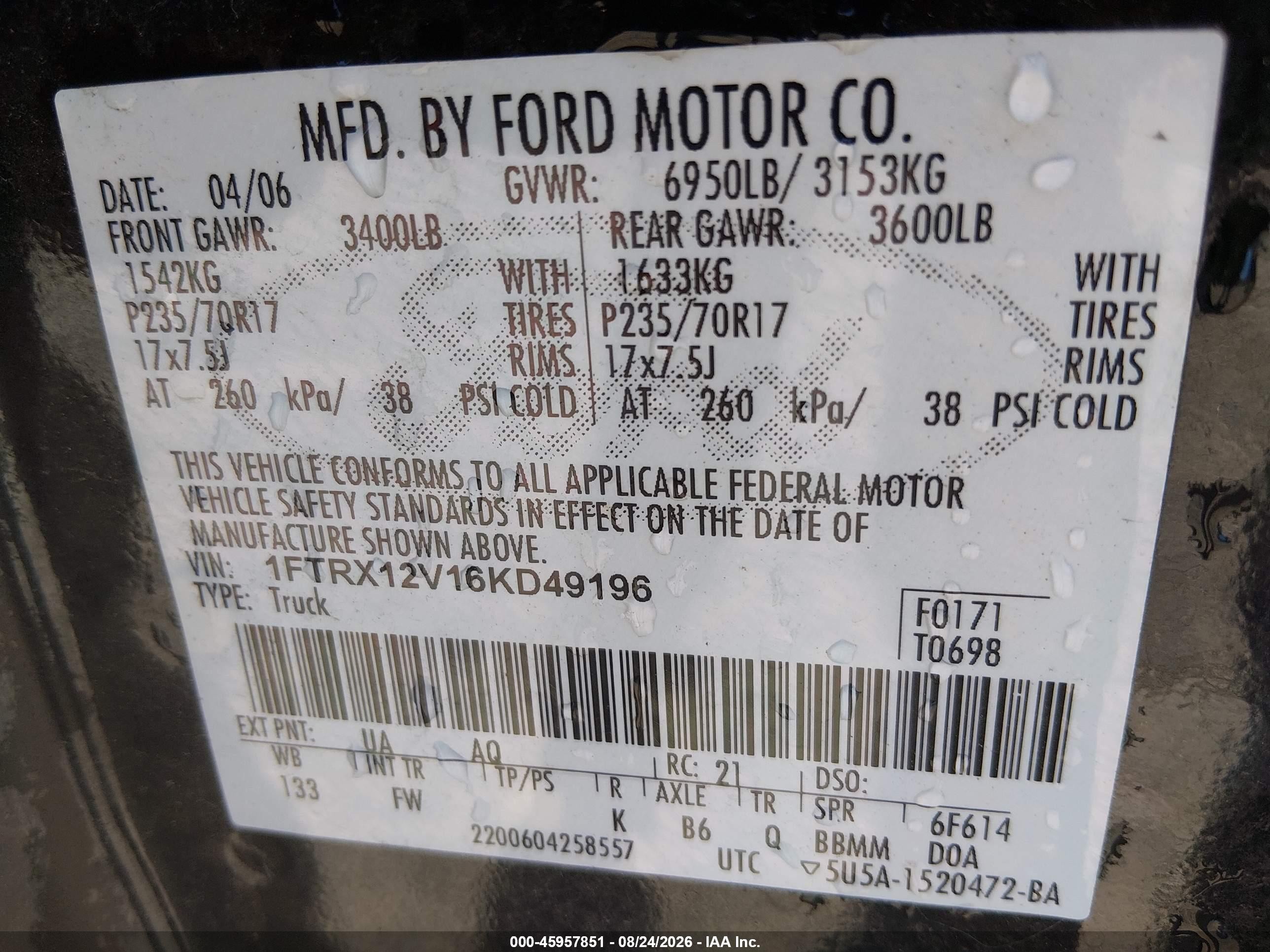 2006 Ford F-150 Lariat/xlt Black vin: 1FTRX12V16KD49196