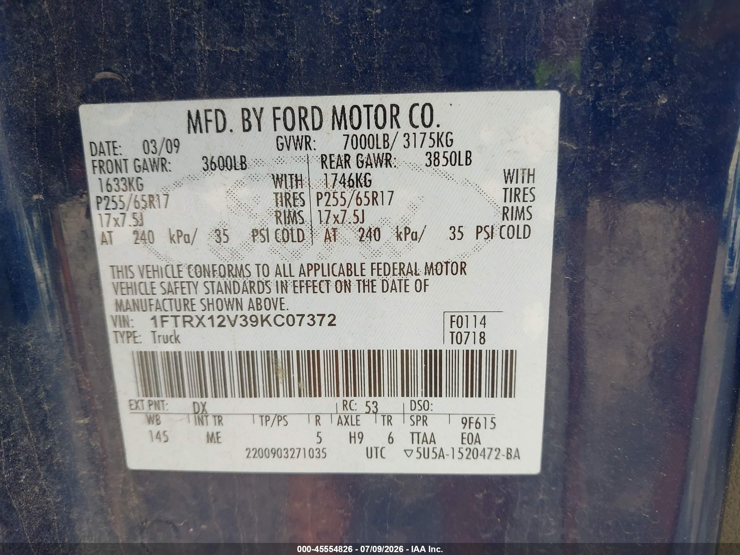 2009 Ford F-150 Lariat/xl/xlt Blue vin: 1FTRX12V39KC07372