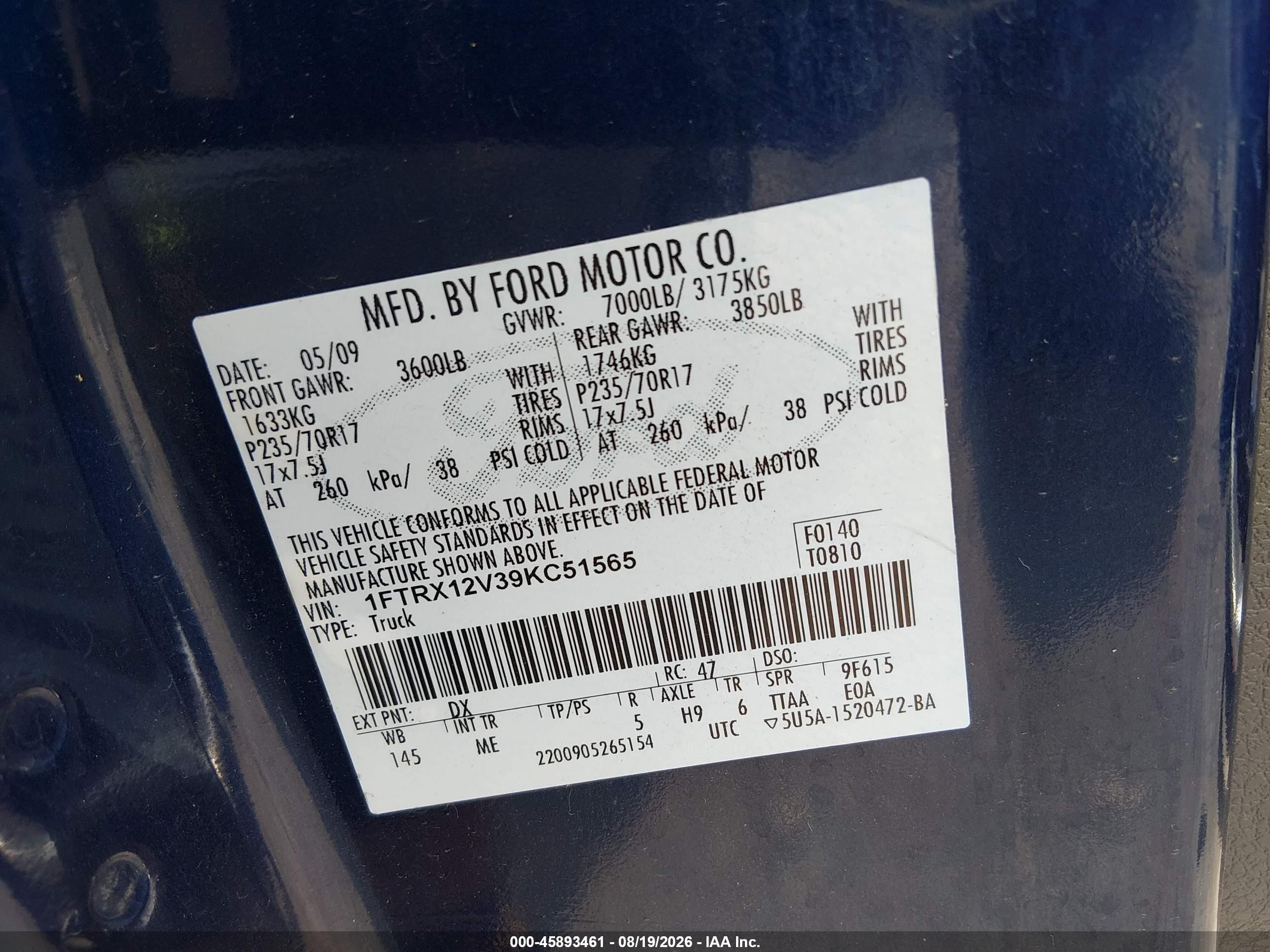 2009 Ford F-150 Lariat/xl/xlt Blue vin: 1FTRX12V39KC51565