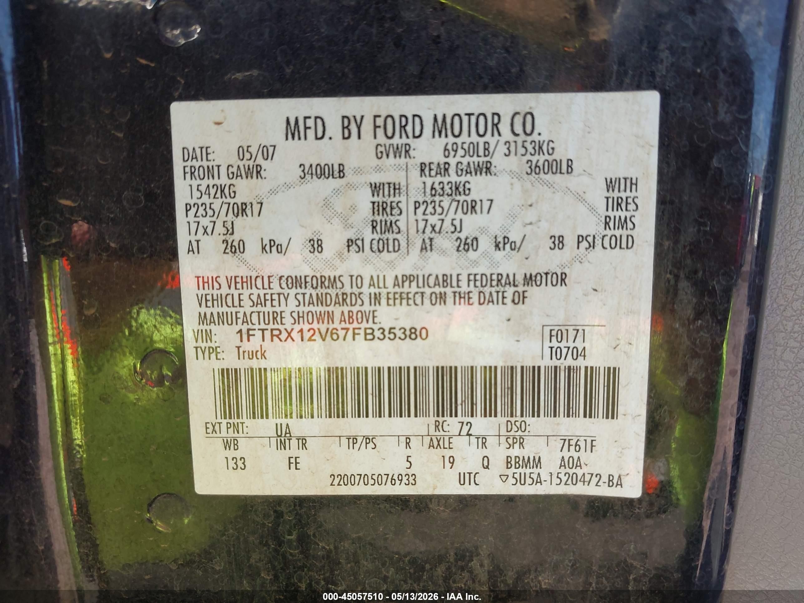2007 Ford F-150 Lariat/xlt Черный vin: 1FTRX12V67FB35380