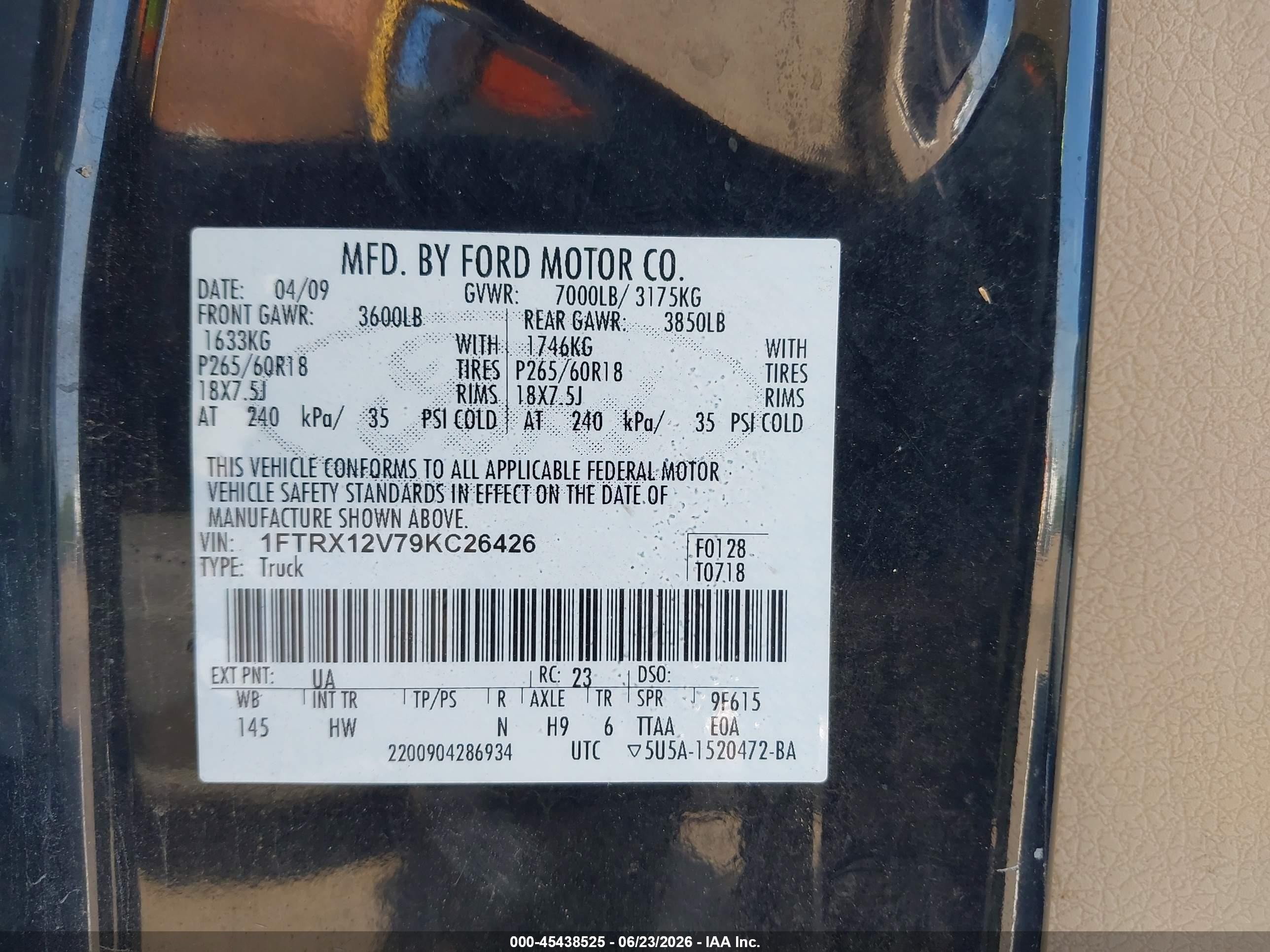 2009 Ford F-150 Lariat Black vin: 1FTRX12V79KC26426