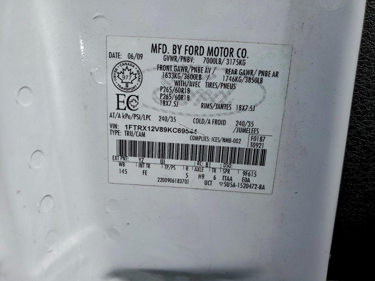 2009 Ford F150 White vin: 1FTRX12V89KC69544