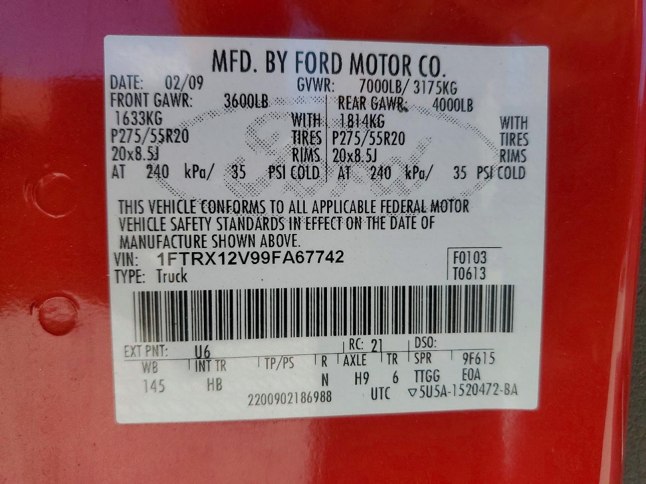 2009 Ford F150 Super Cab Maroon vin: 1FTRX12V99FA67742