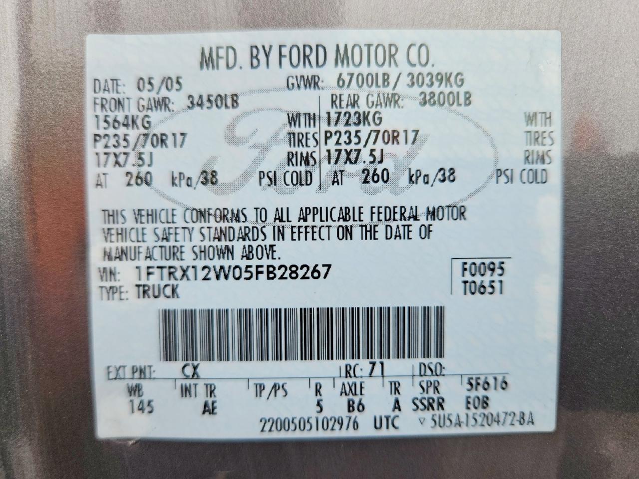 2005 Ford F150 Gray vin: 1FTRX12W05FB28267