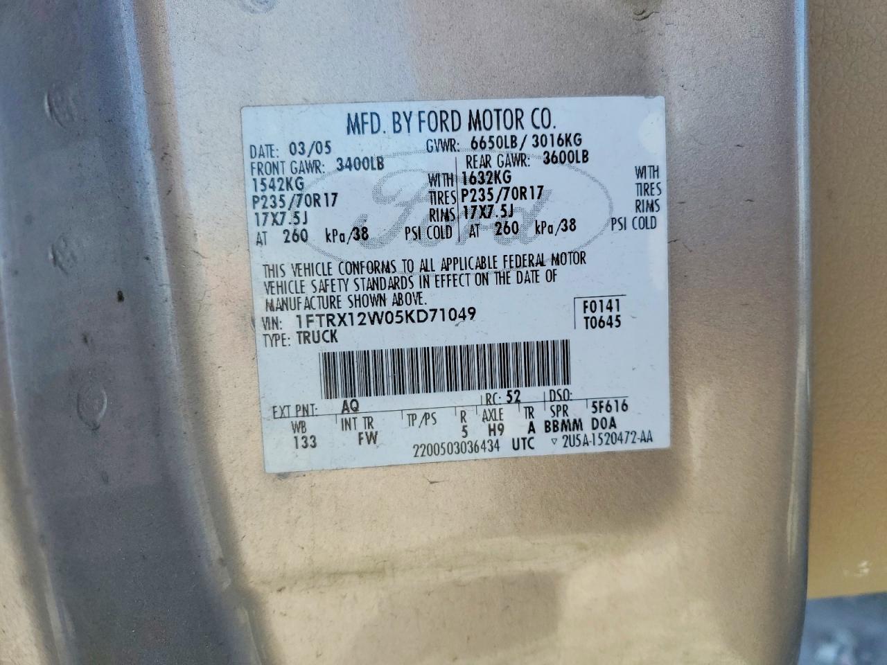 2005 Ford F150 Tan vin: 1FTRX12W05KD71049