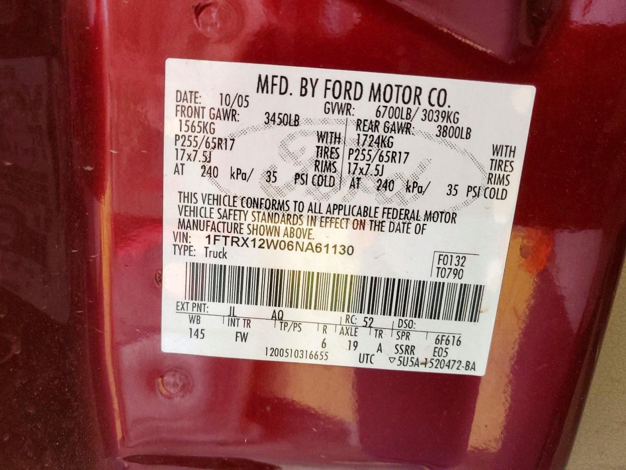 2006 Ford F150 Burgundy vin: 1FTRX12W06NA61130