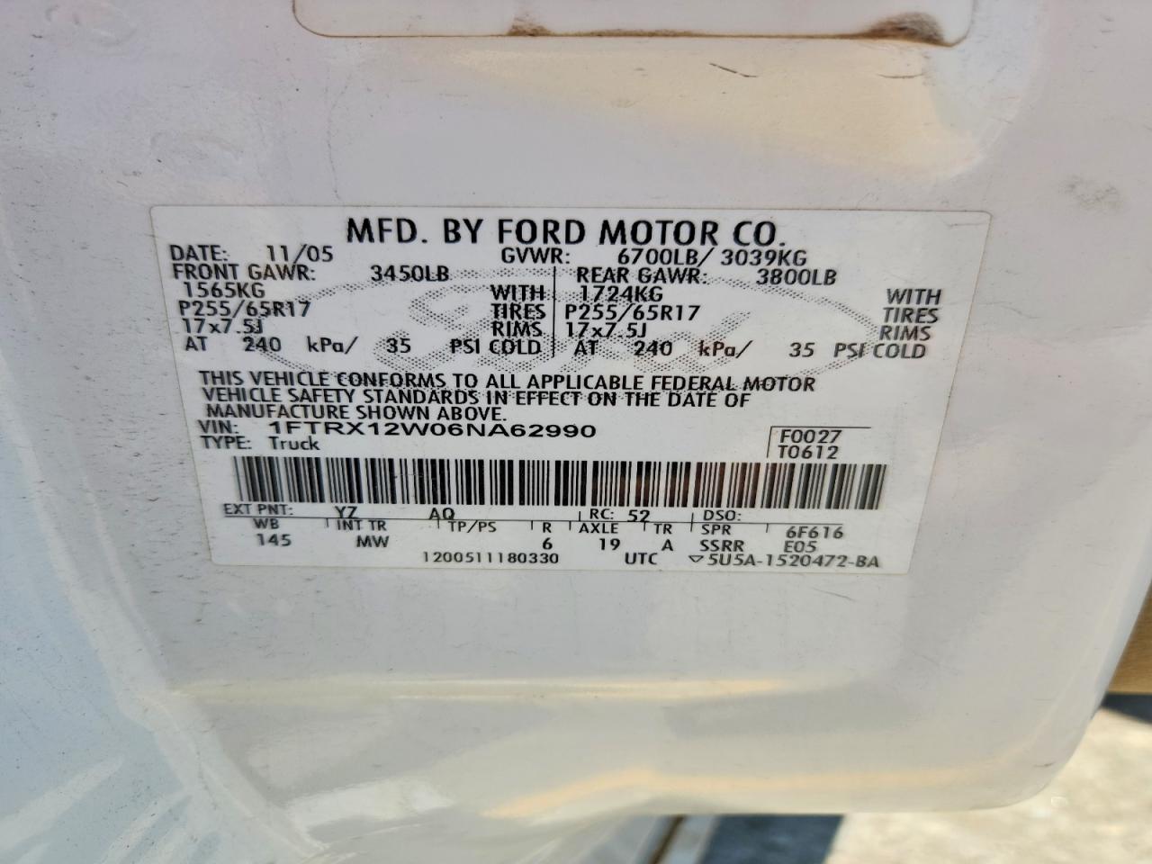 2006 Ford F150 White vin: 1FTRX12W06NA62990