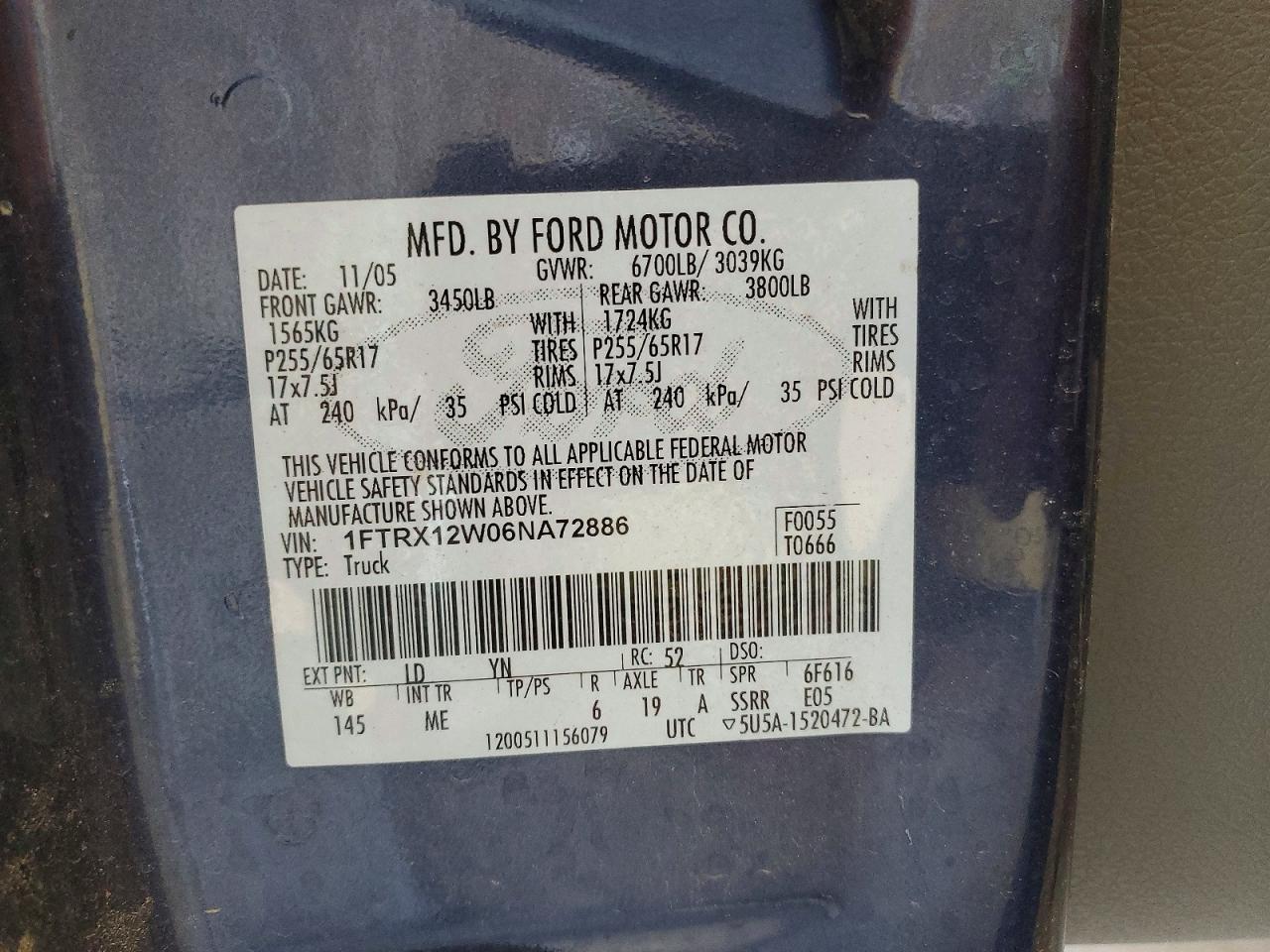 2006 Ford F150 Синий vin: 1FTRX12W06NA72886