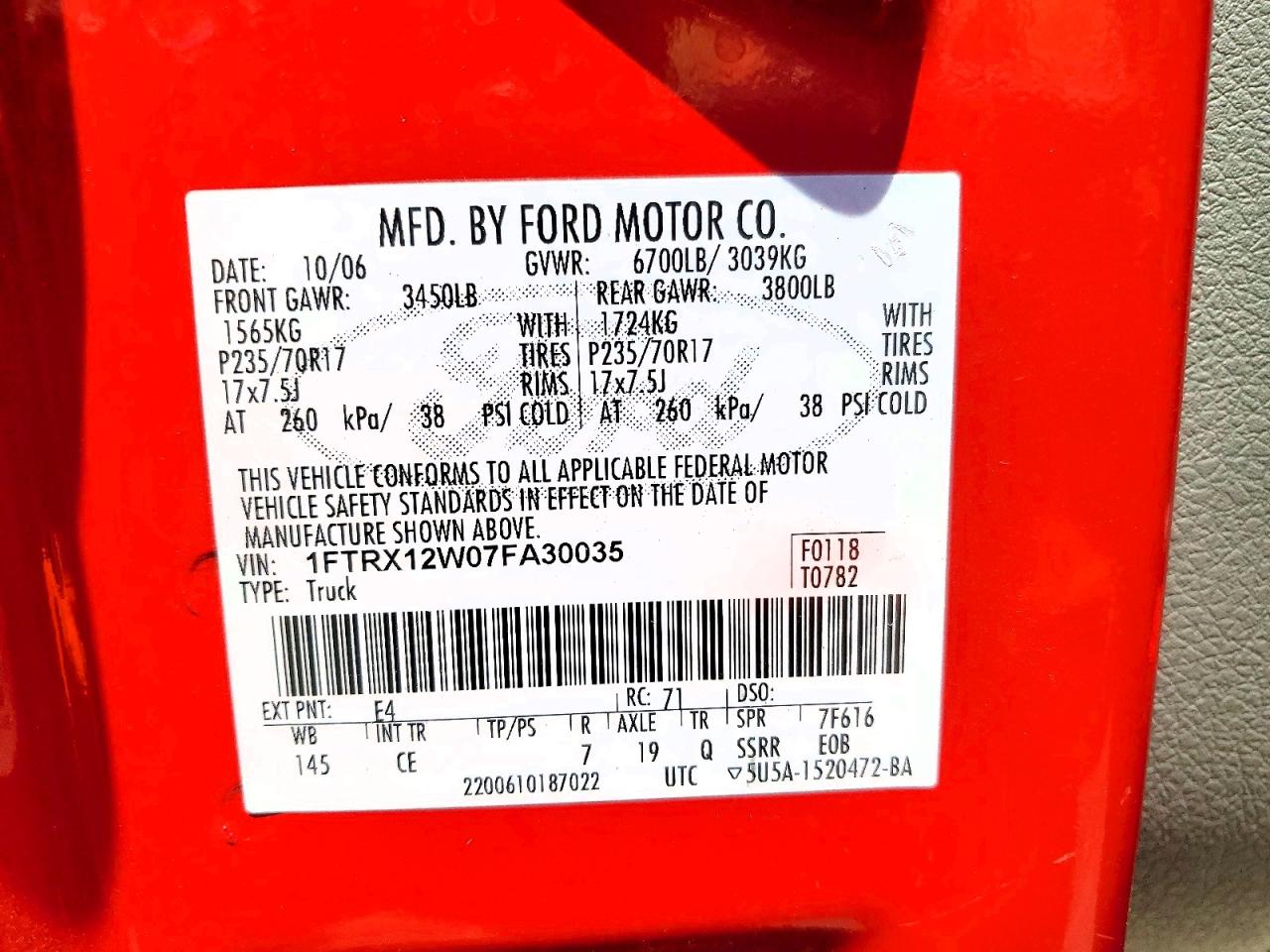 2007 Ford F150 Красный vin: 1FTRX12W07FA30035