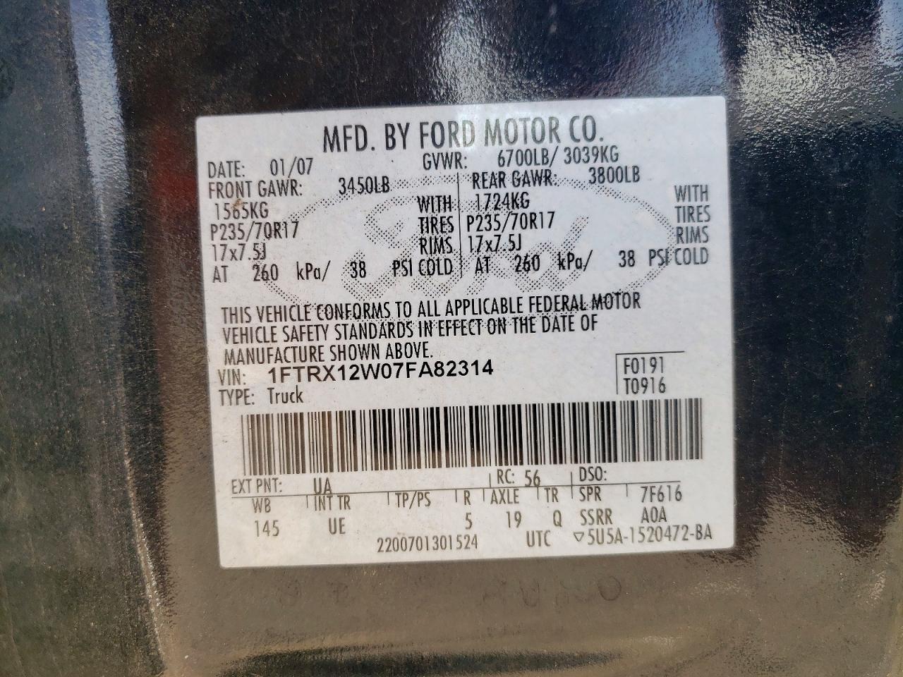 2007 Ford F150 Xl Black vin: 1FTRX12W07FA82314
