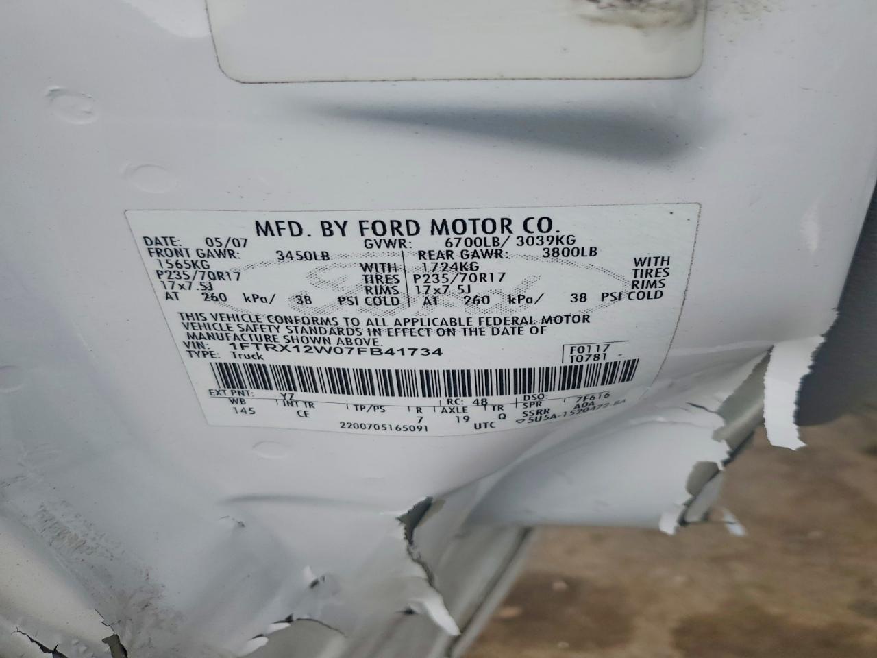 2007 Ford F150 White vin: 1FTRX12W07FB41734