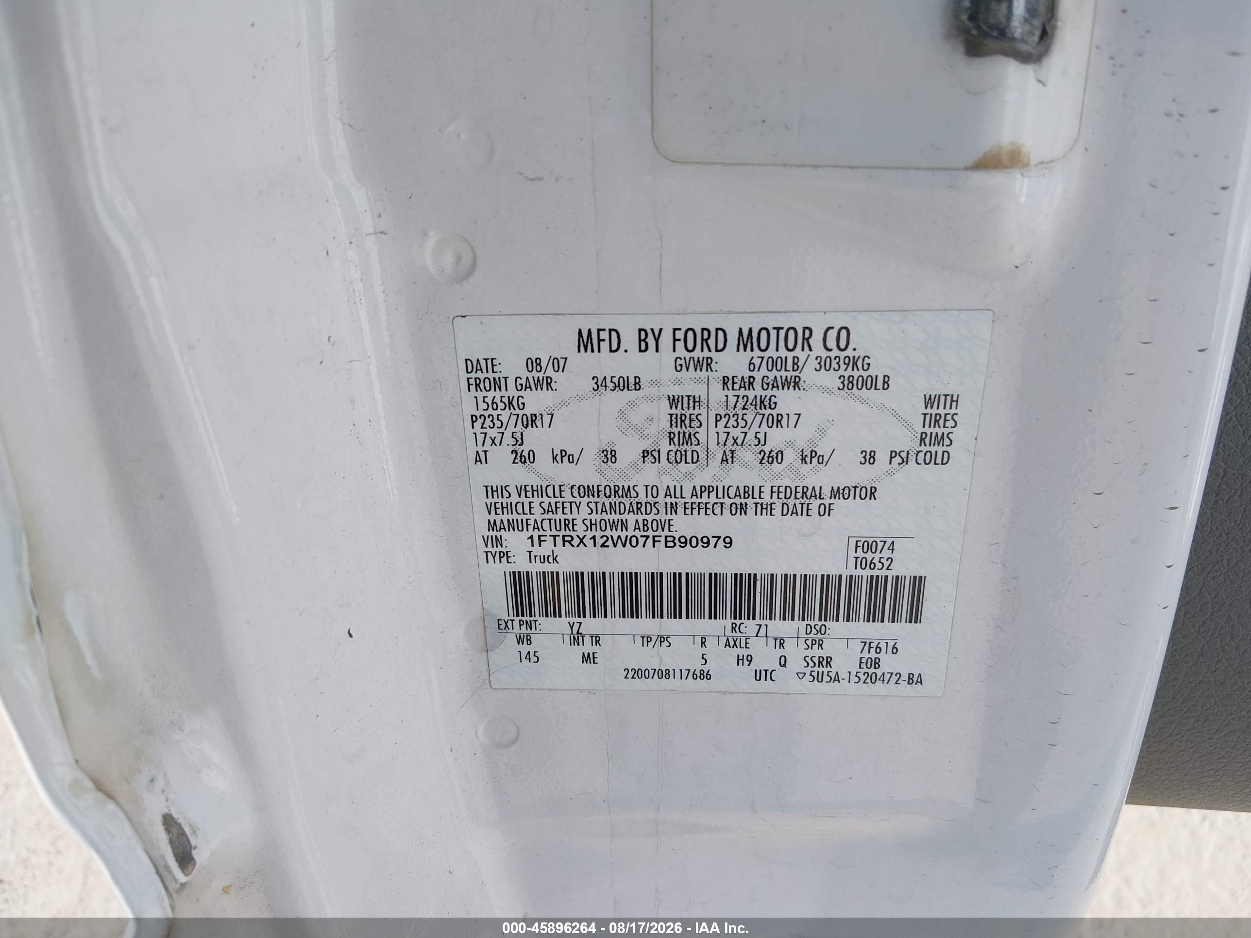 2007 Ford F-150 Stx/xl/xlt White vin: 1FTRX12W07FB90979
