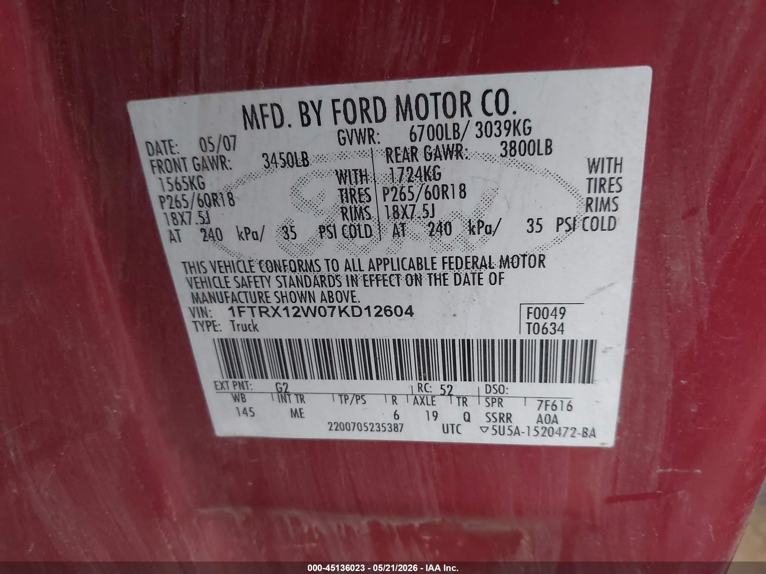 2007 Ford F-150 Stx/xl/xlt Красный vin: 1FTRX12W07KD12604