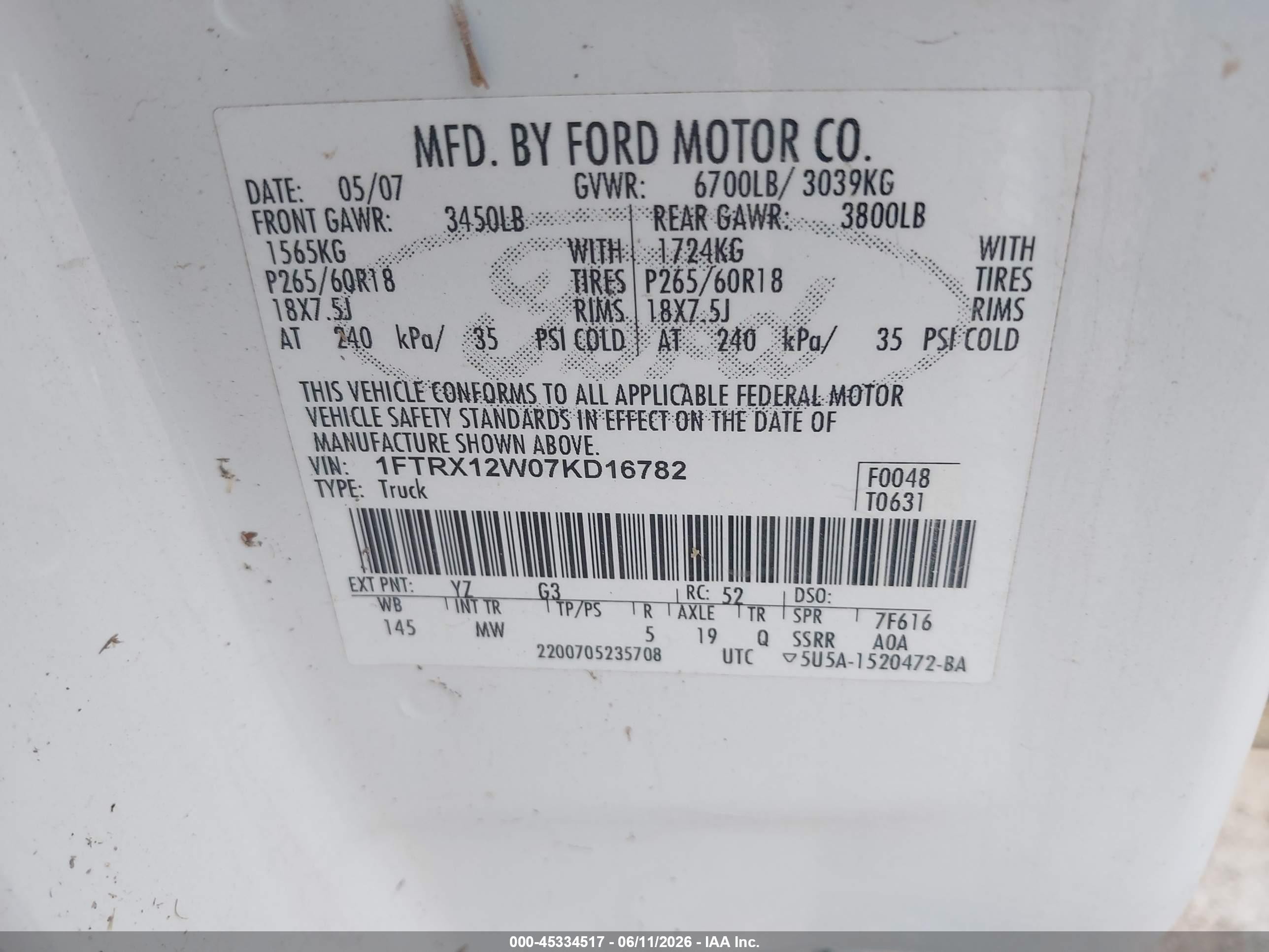 2007 Ford F-150 Stx/xl/xlt White vin: 1FTRX12W07KD16782