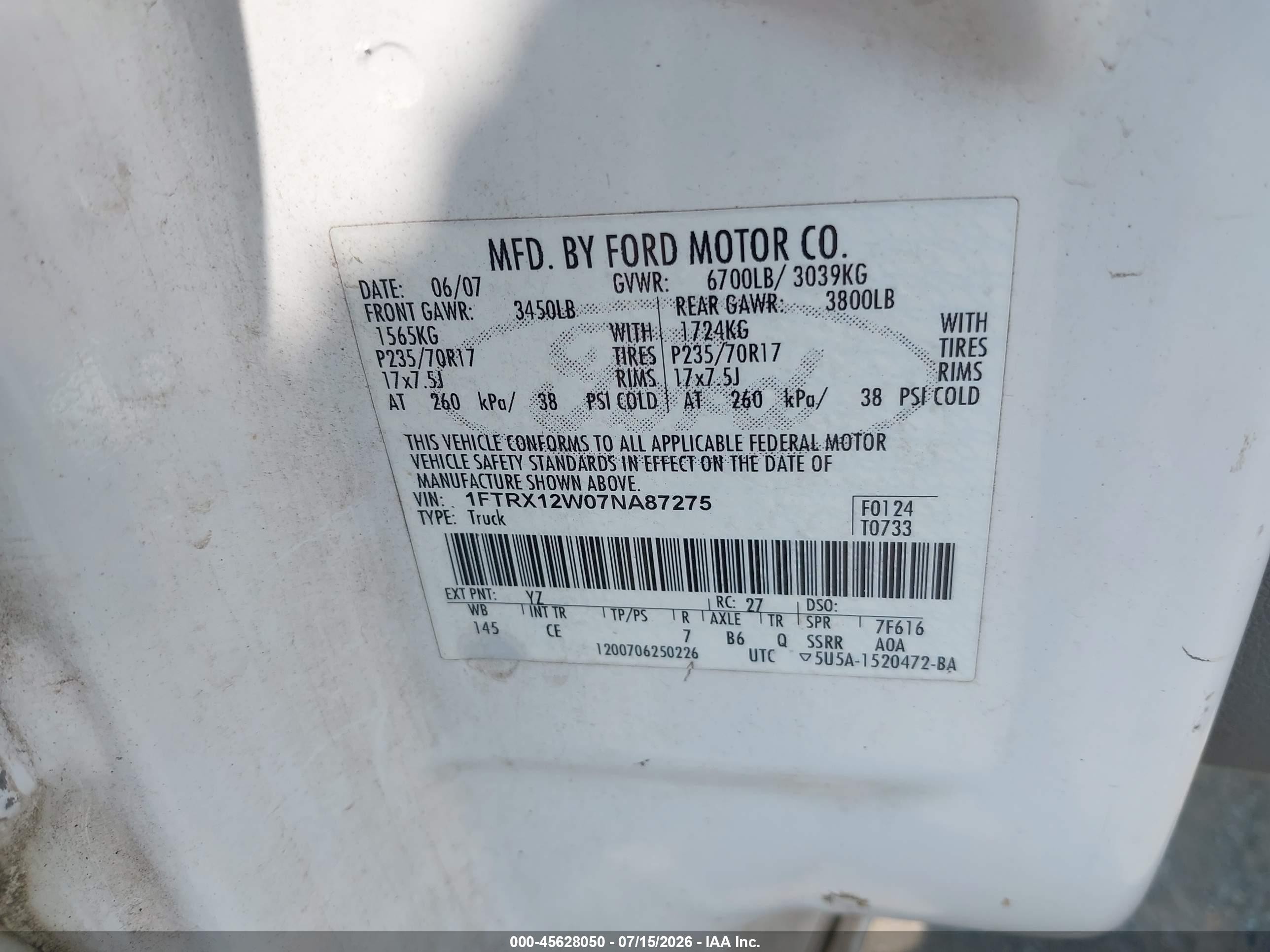 2007 Ford F-150 Stx/xl/xlt White vin: 1FTRX12W07NA87275