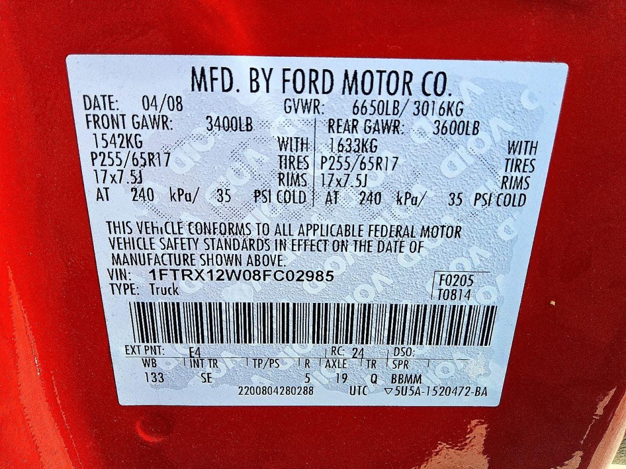 2008 Ford F150 Stx Red vin: 1FTRX12W08FC02985