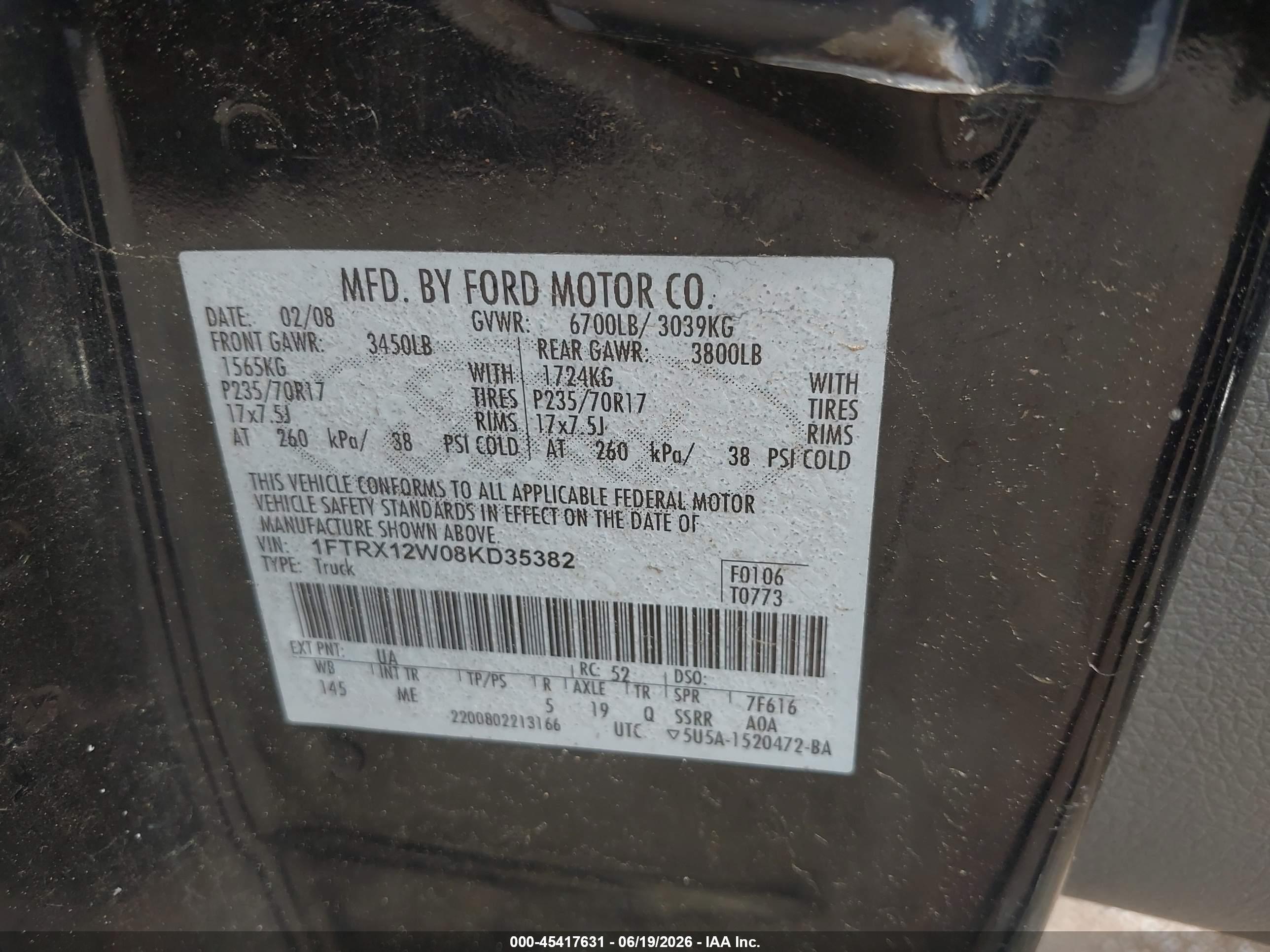2008 Ford F-150 Fx2/stx/xl/xlt Black vin: 1FTRX12W08KD35382