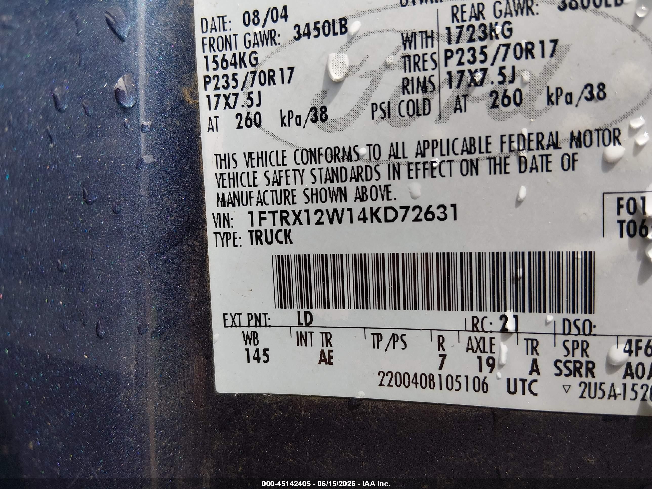 2004 Ford F-150 Stx/xl/xlt Blue vin: 1FTRX12W14KD72631