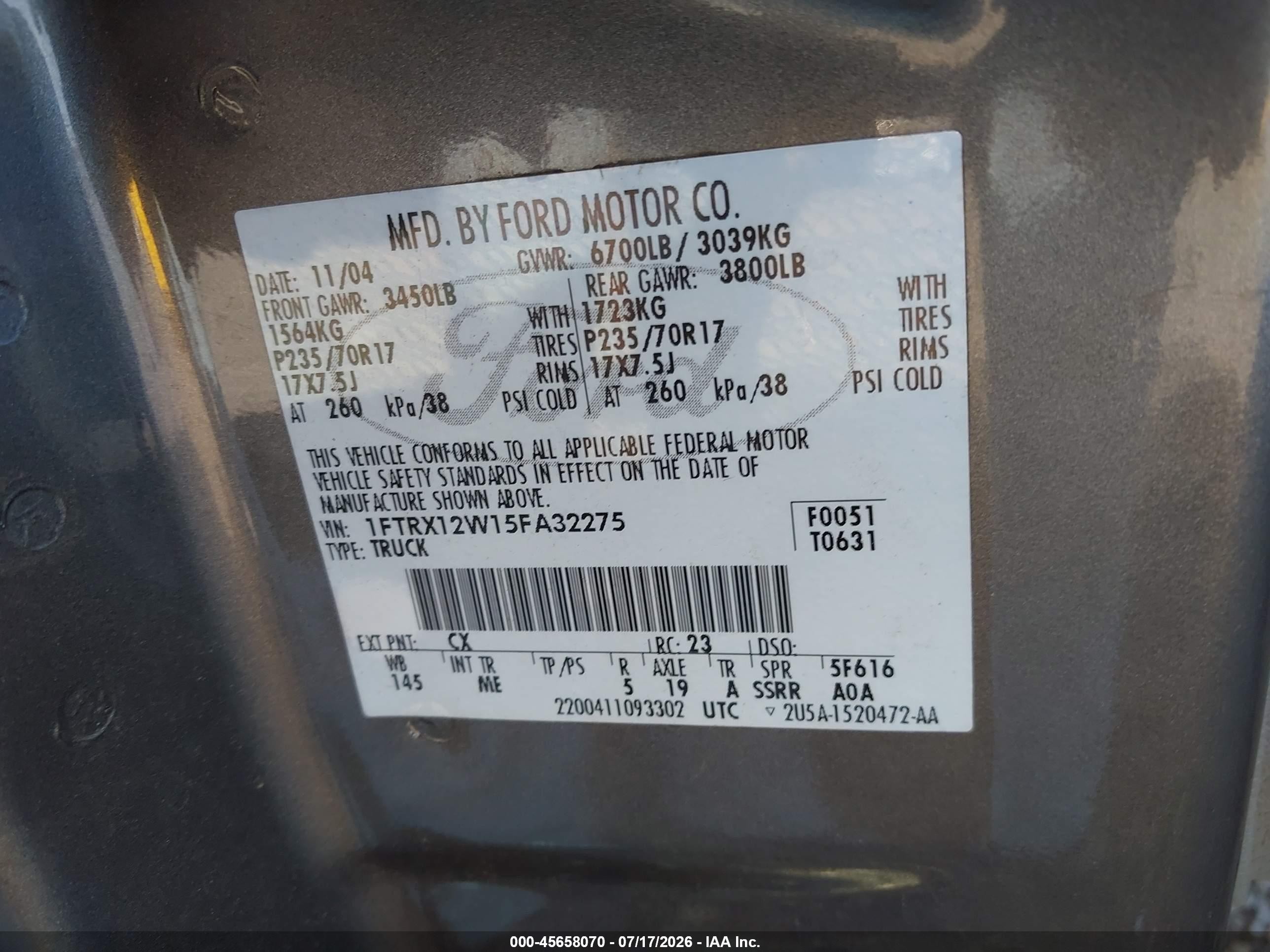 2005 Ford F-150 Stx/xl/xlt Dark Brown vin: 1FTRX12W15FA32275
