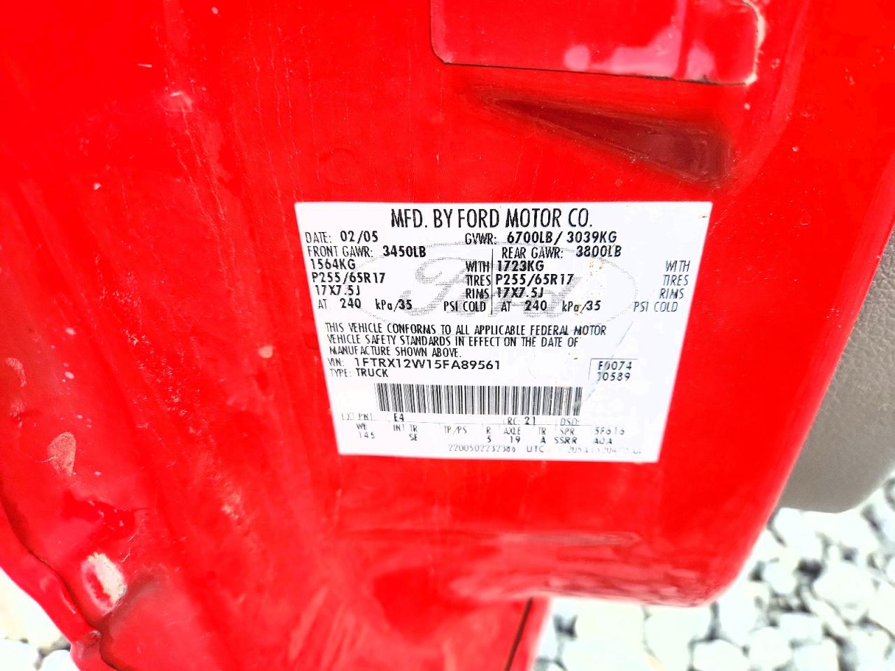 2005 Ford F150 Red vin: 1FTRX12W15FA89561