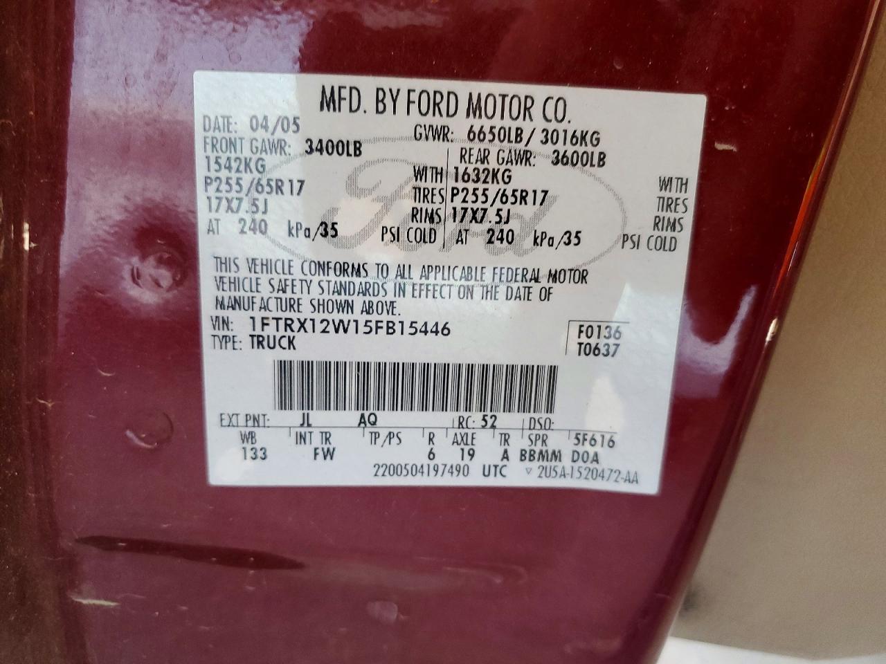 2005 Ford F-150 Burgundy vin: 1FTRX12W15FB15446