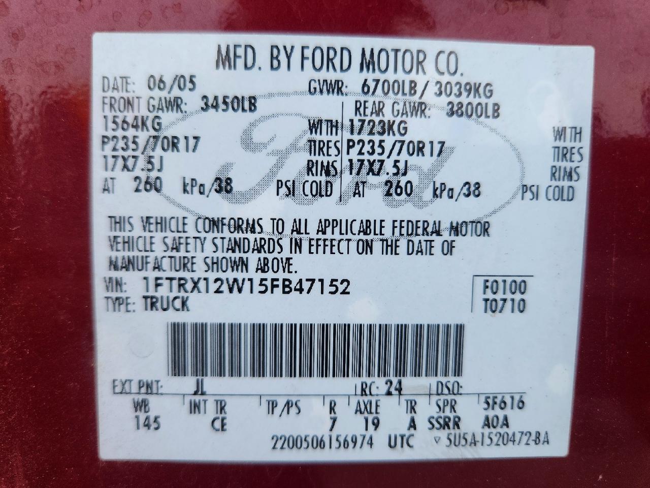 2005 Ford F150 Burgundy vin: 1FTRX12W15FB47152