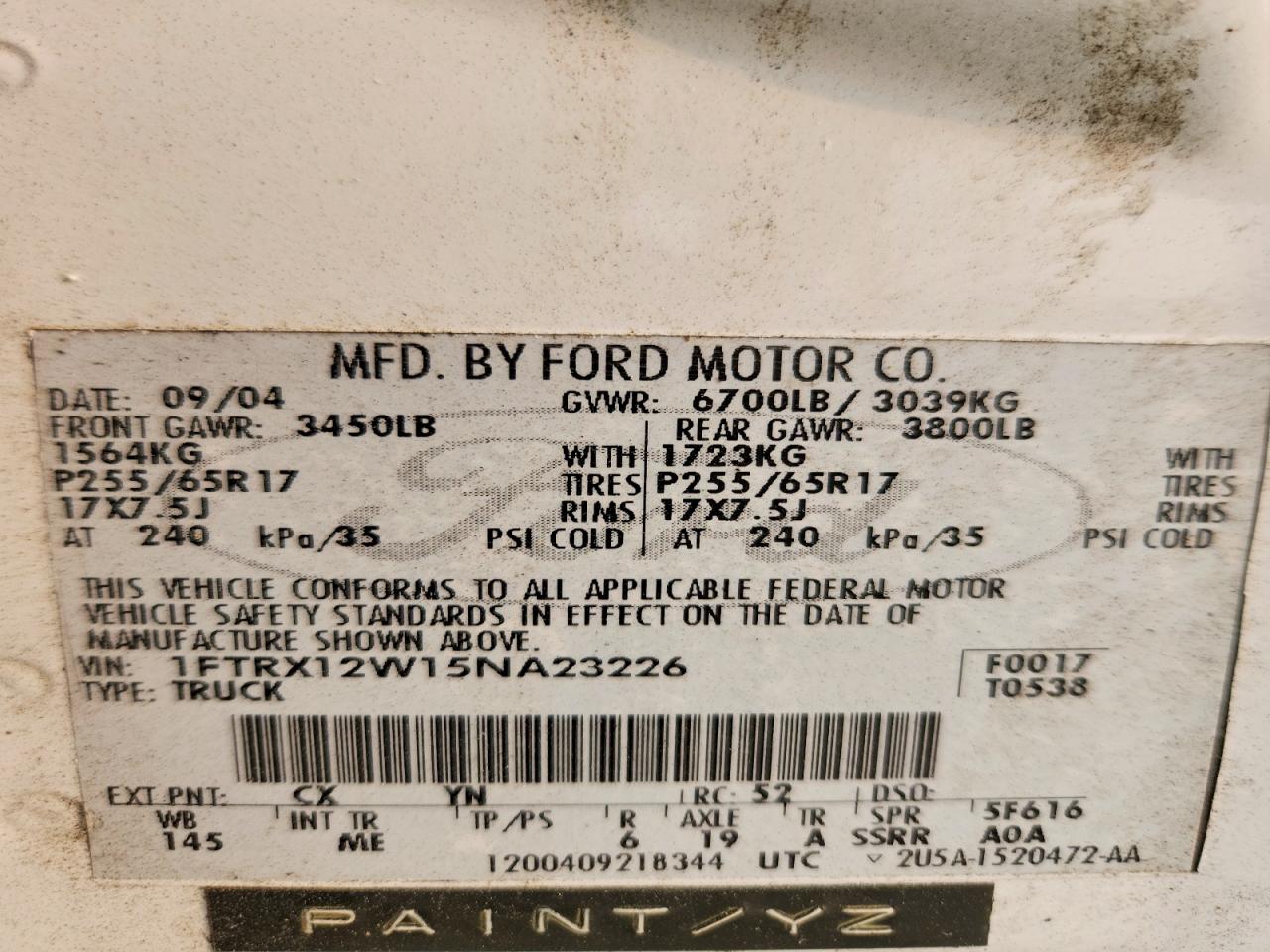 2005 Ford F150 White vin: 1FTRX12W15NA23226