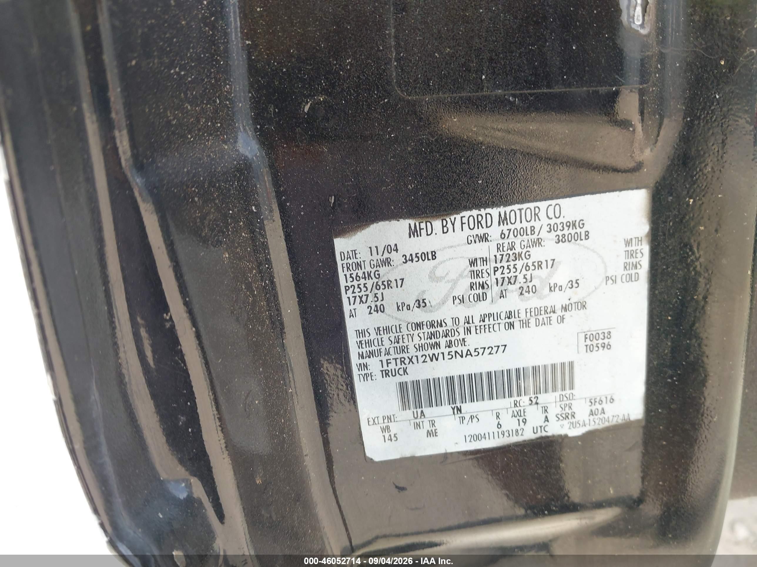 2005 Ford F-150 Stx/xl/xlt Black vin: 1FTRX12W15NA57277