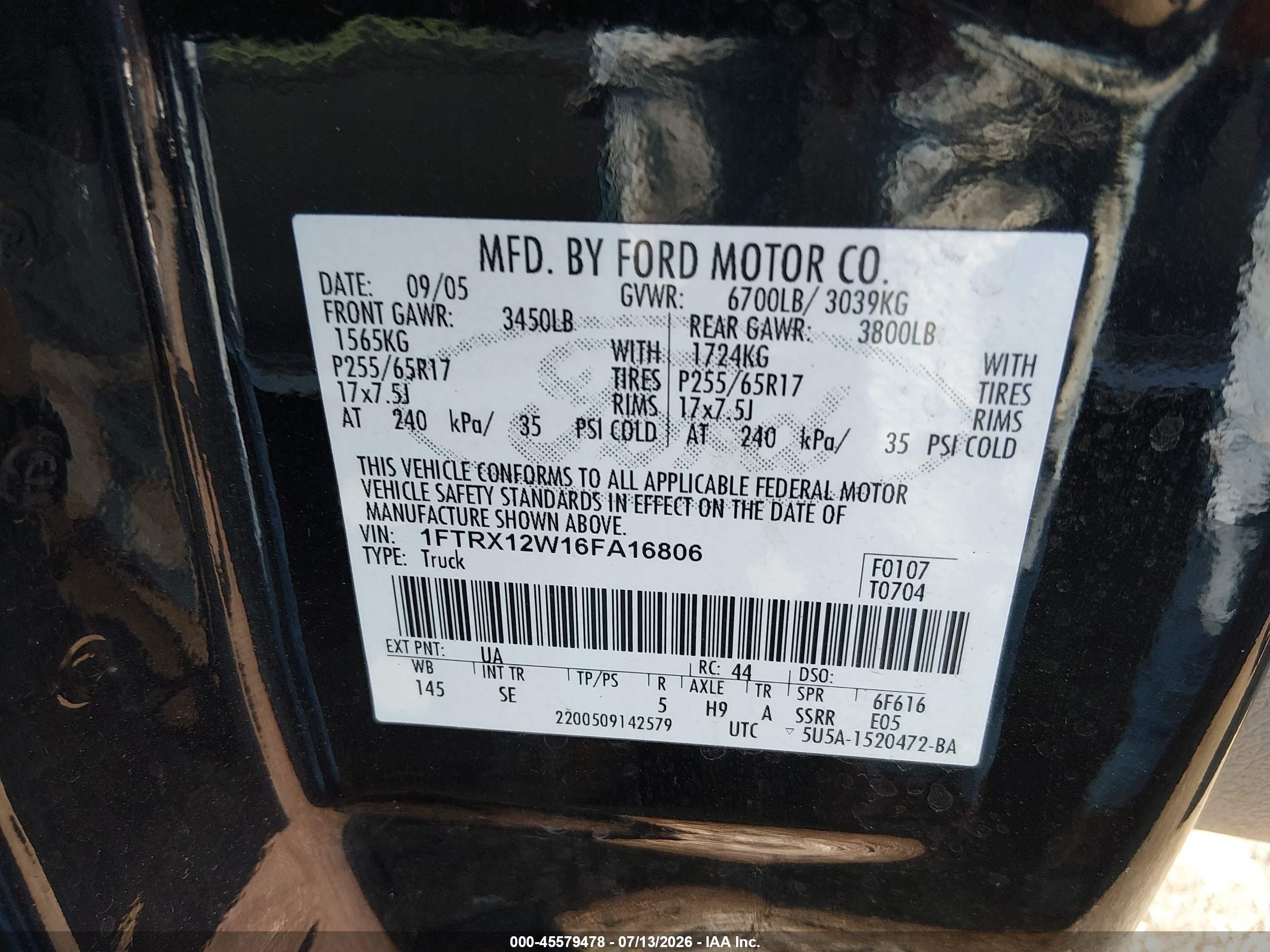 2006 Ford F-150 Stx/xl/xlt Black vin: 1FTRX12W16FA16806