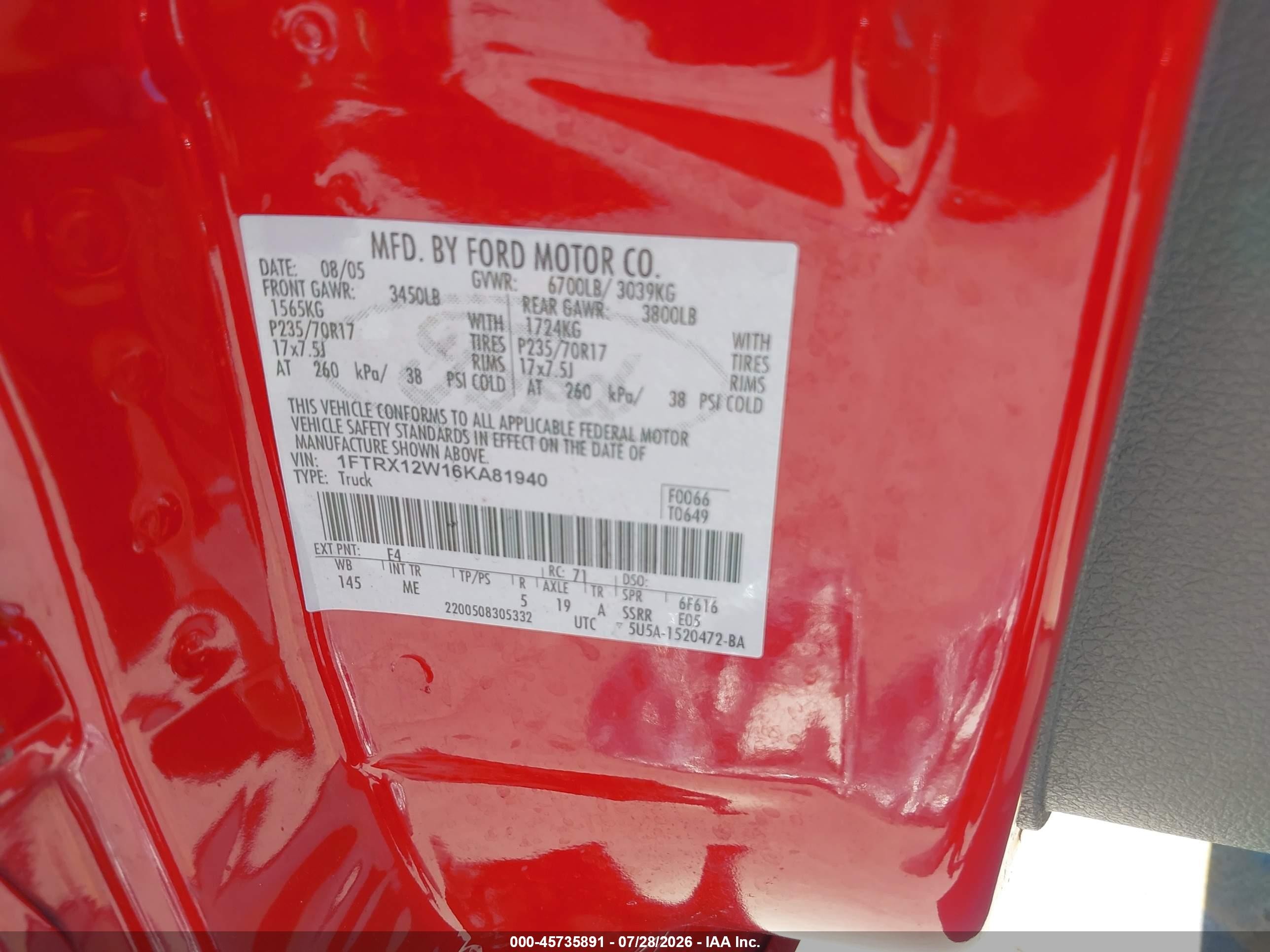 2006 Ford F-150 Stx/xl/xlt Red vin: 1FTRX12W16KA81940