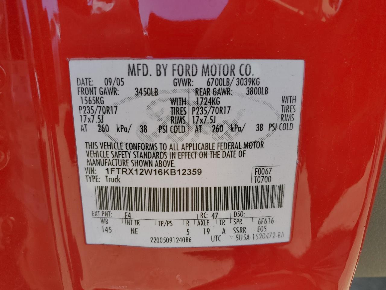 2006 Ford F150 Red vin: 1FTRX12W16KB12359