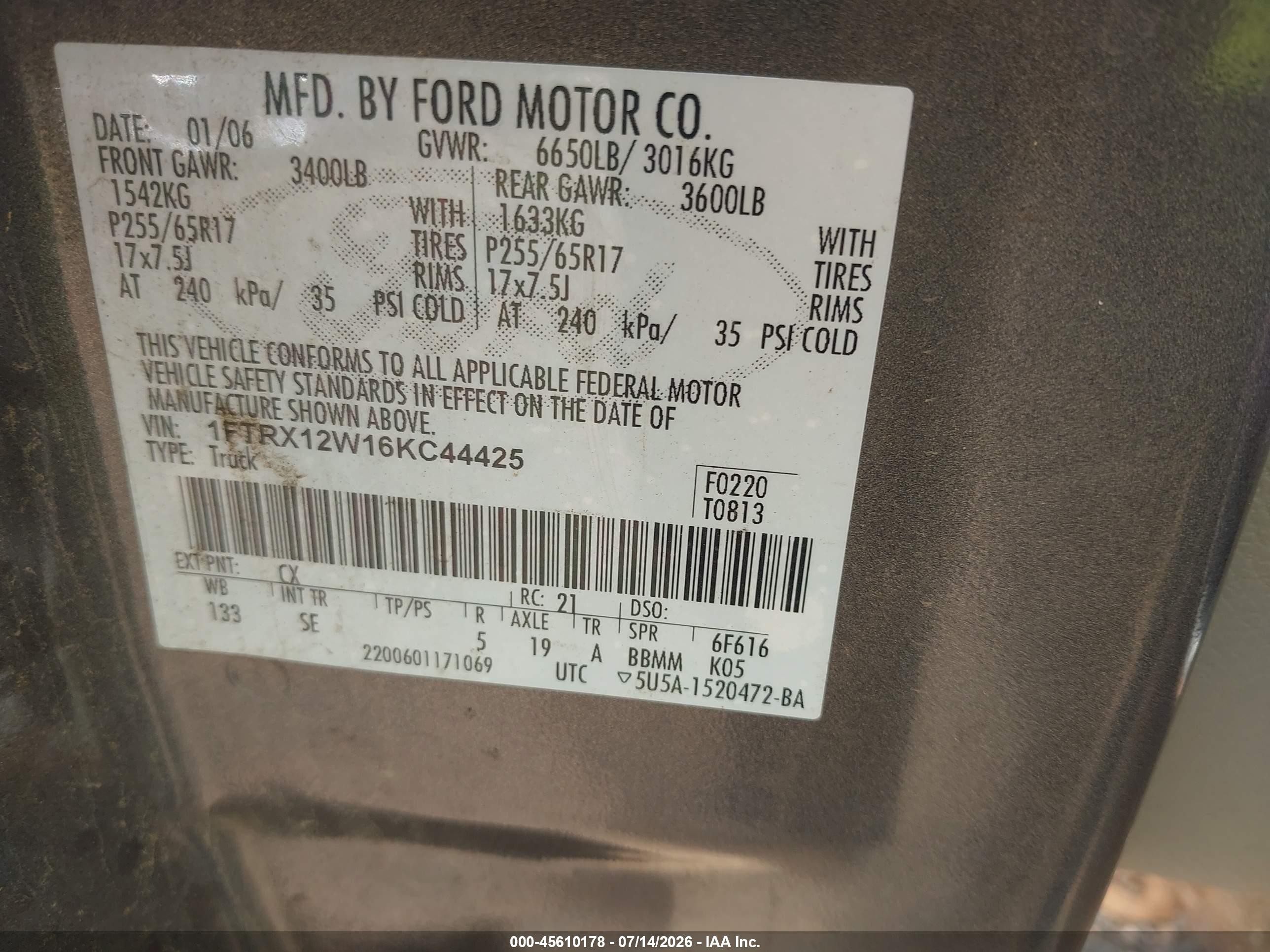 2006 Ford F-150 Stx/xl/xlt Gray vin: 1FTRX12W16KC44425