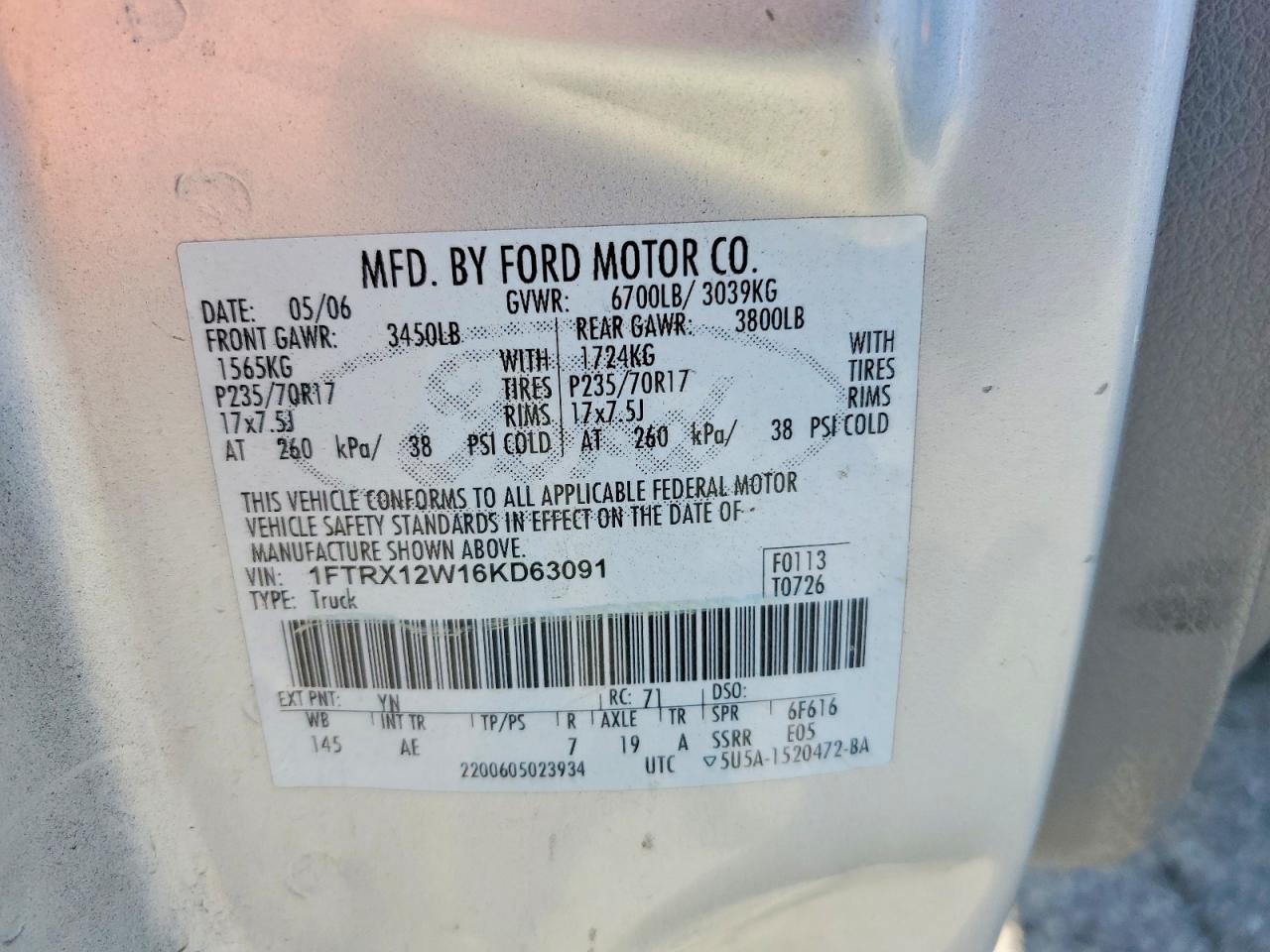 2006 Ford F150 Silver vin: 1FTRX12W16KD63091