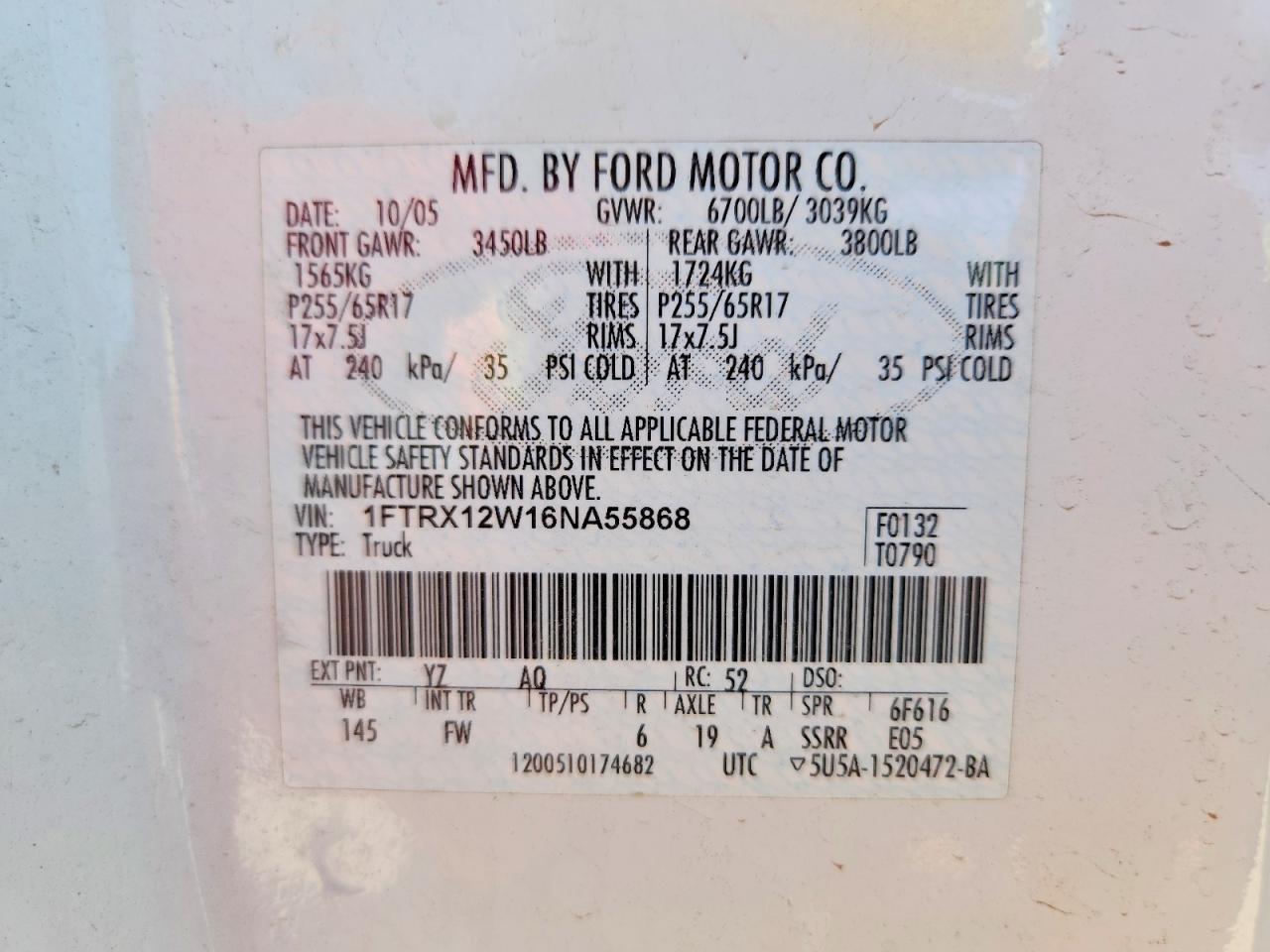 2006 Ford F150 Белый vin: 1FTRX12W16NA55868