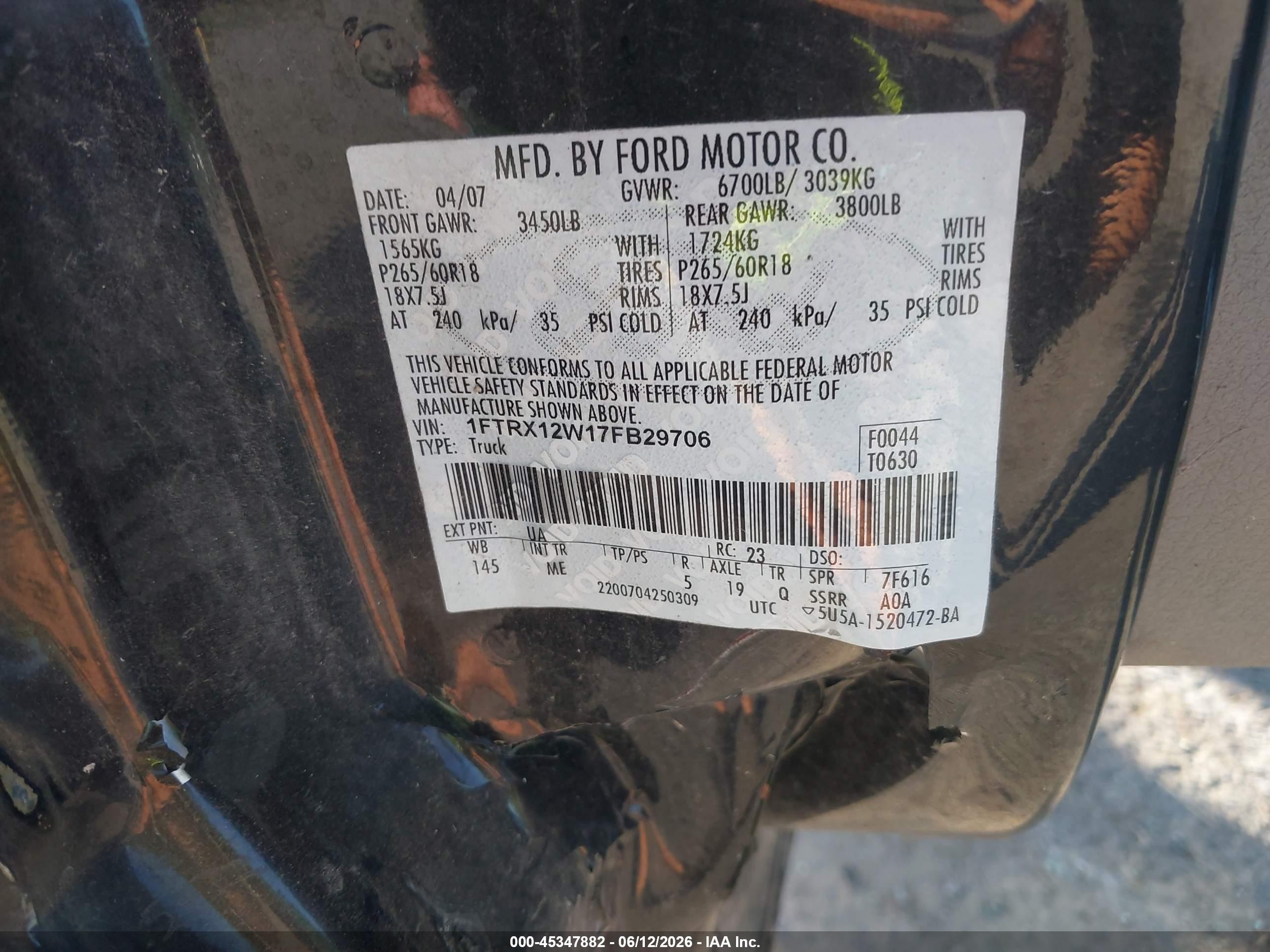 2007 Ford F-150 Stx/xl/xlt Black vin: 1FTRX12W17FB29706