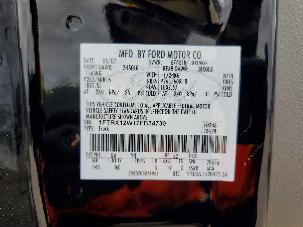 2007 Ford F150 Black vin: 1FTRX12W17FB34730