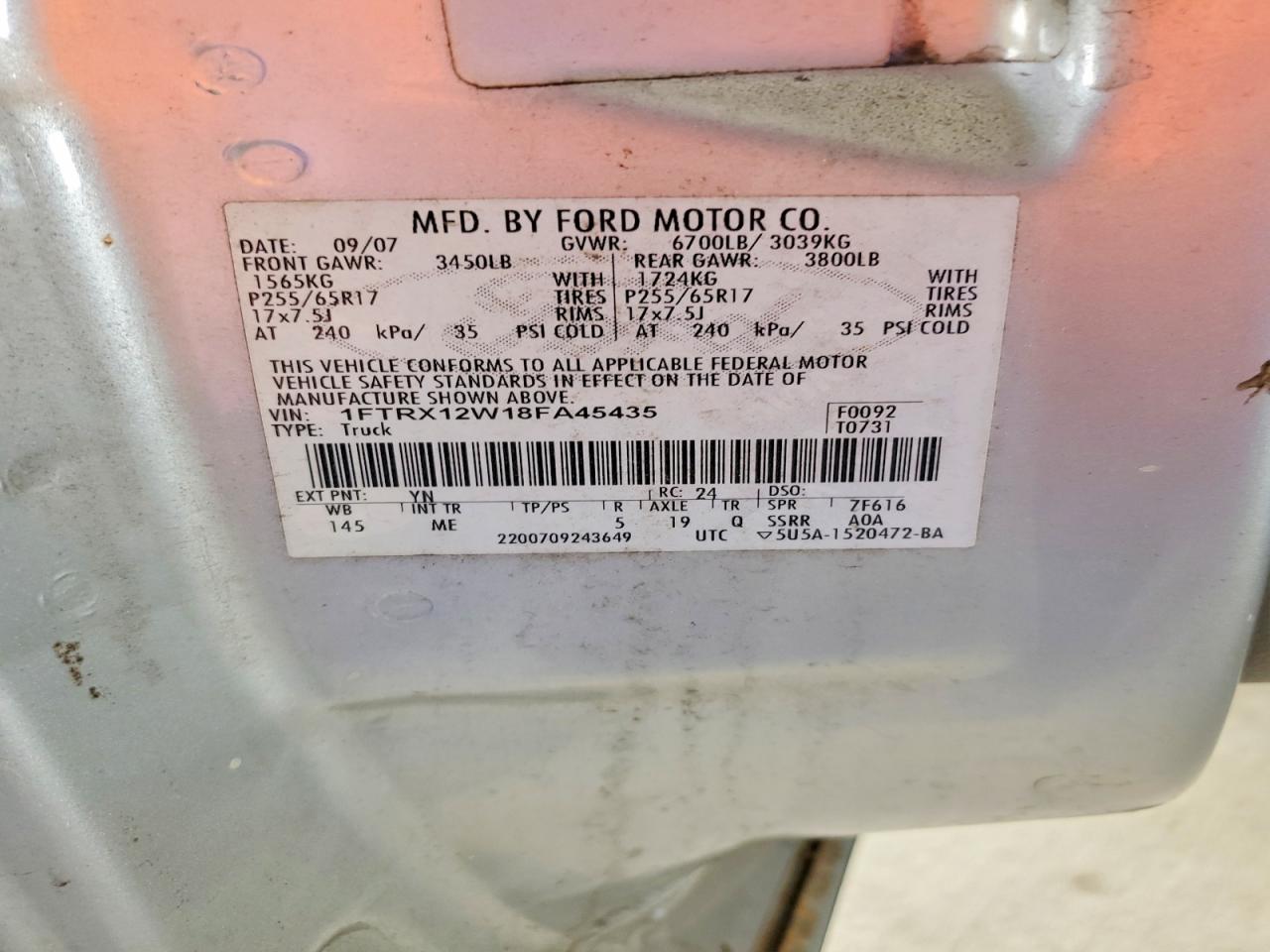 2008 Ford F150 Silver vin: 1FTRX12W18FA45435