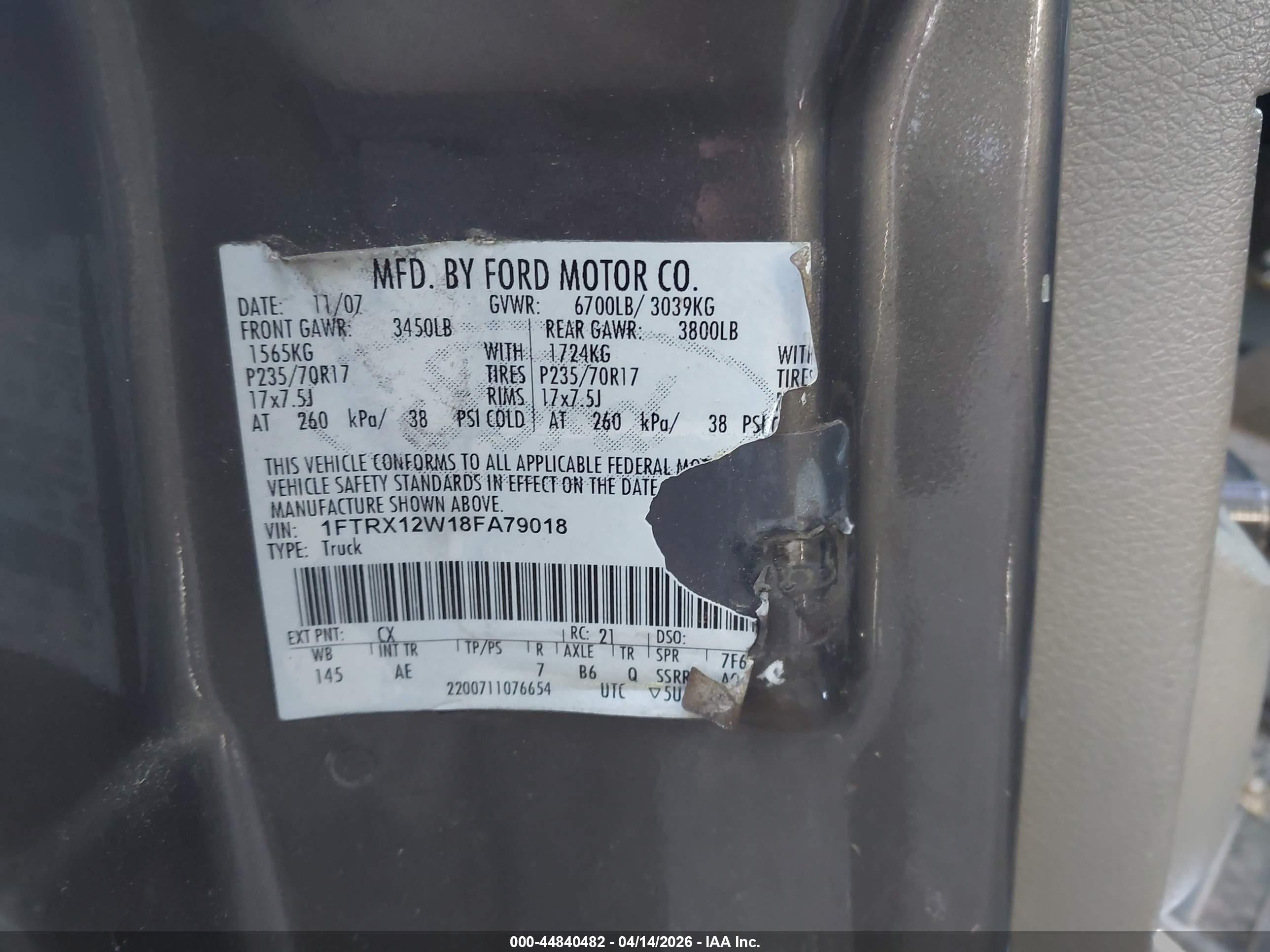 2008 Ford F-150 Fx2/stx/xl/xlt Gray vin: 1FTRX12W18FA79018