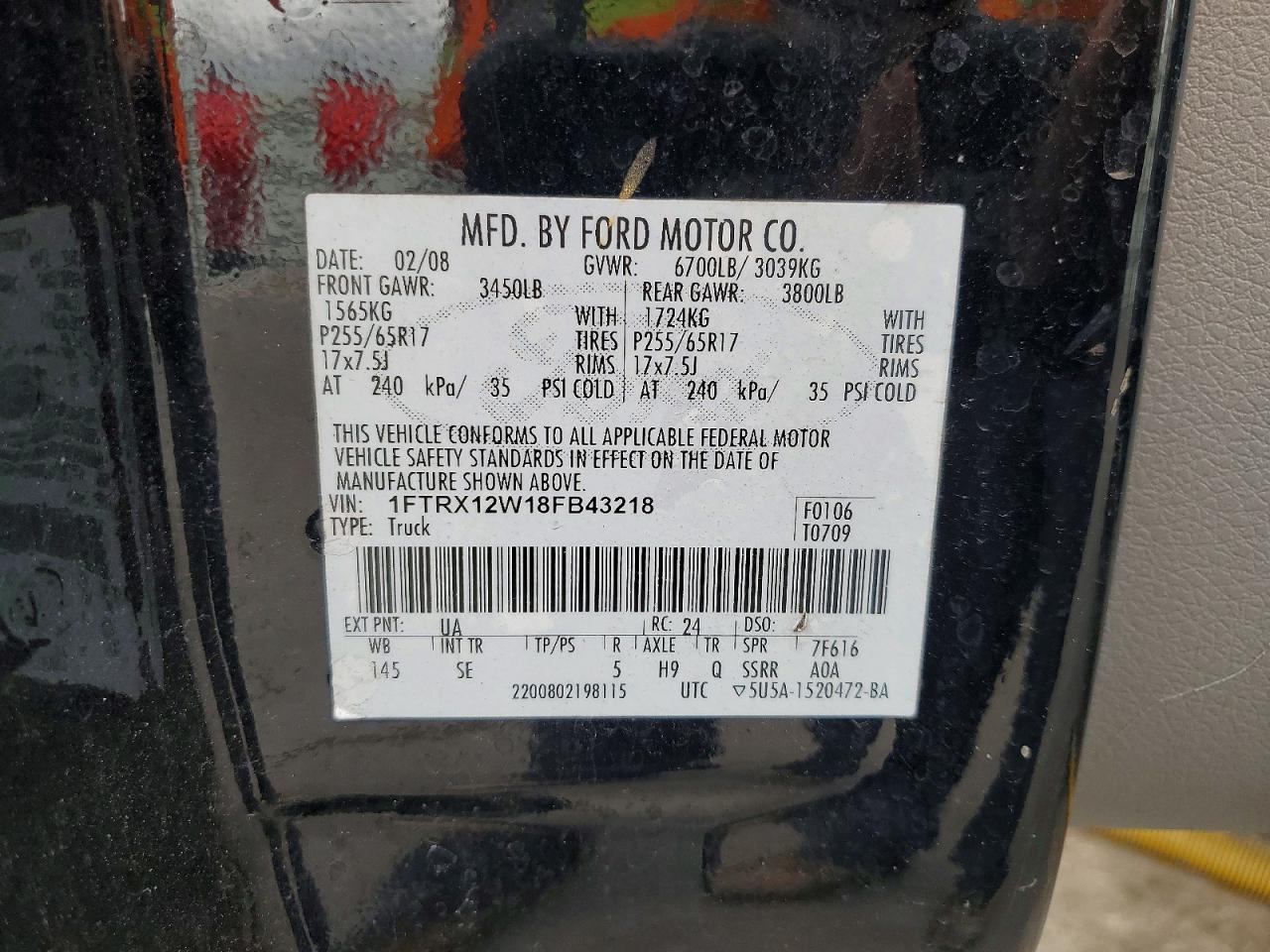 2008 Ford F150 Черный vin: 1FTRX12W18FB43218
