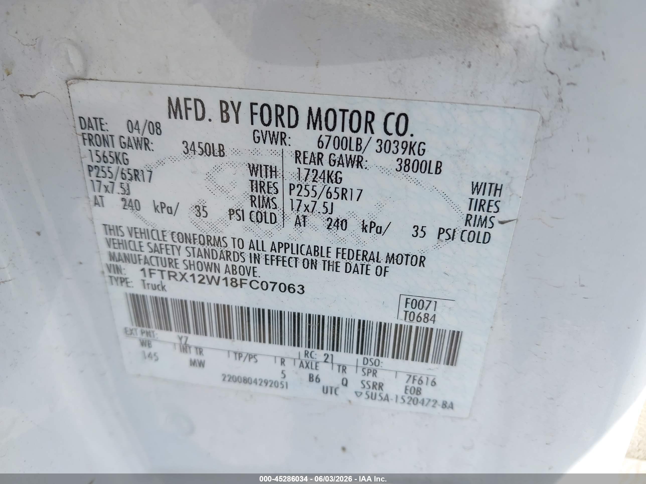 2008 Ford F-150 Fx2/stx/xl/xlt White vin: 1FTRX12W18FC07063