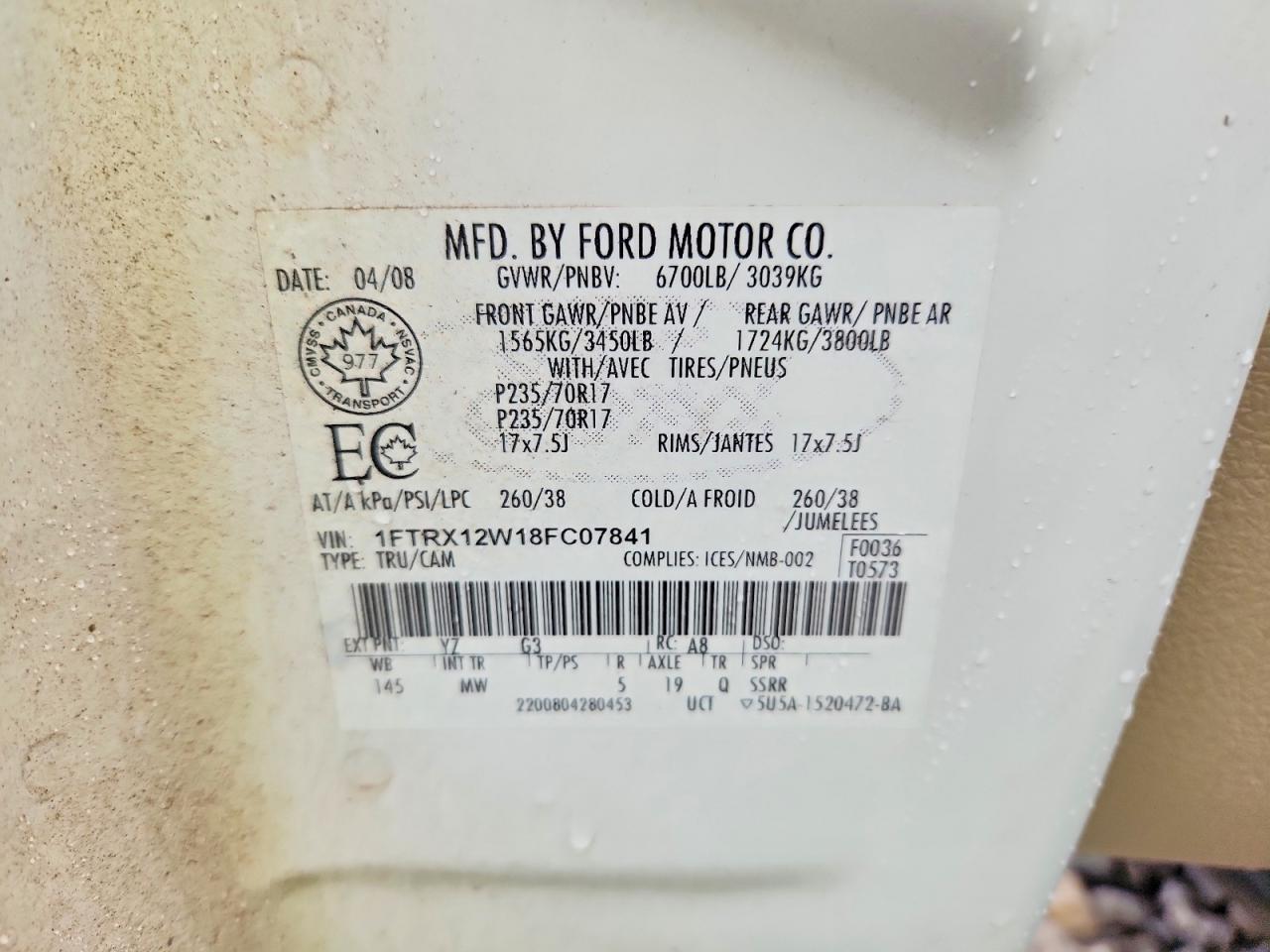 2008 Ford F150 White vin: 1FTRX12W18FC07841