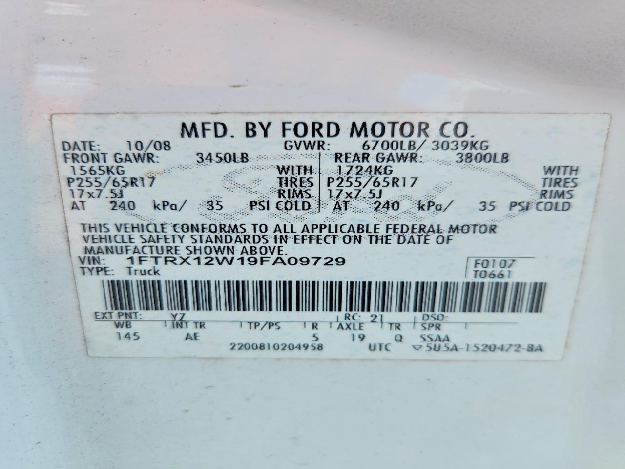 2009 Ford F150 Super Cab White vin: 1FTRX12W19FA09729