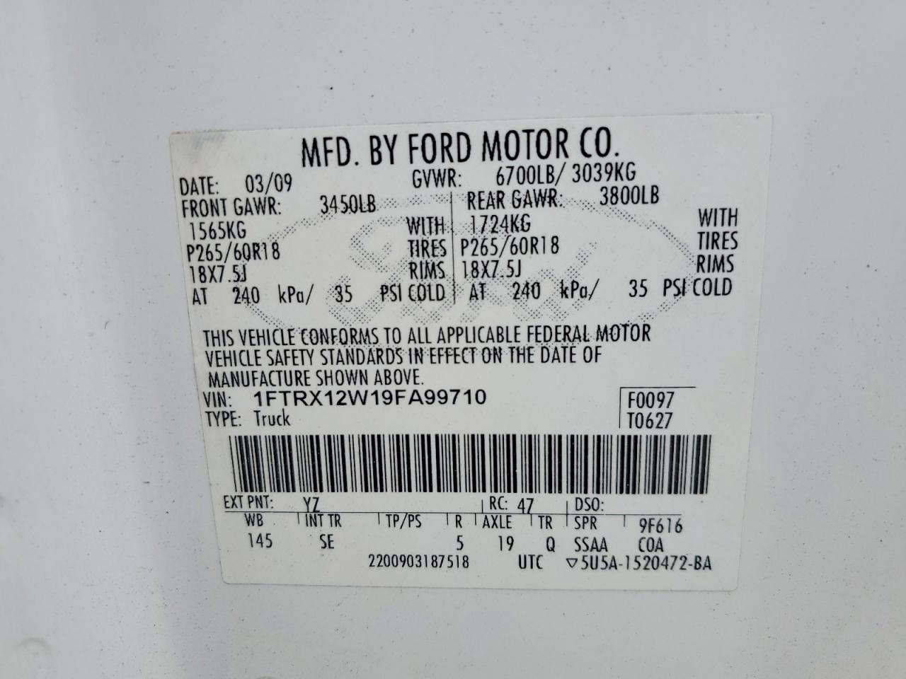 2009 Ford F150 Super Cab White vin: 1FTRX12W19FA99710