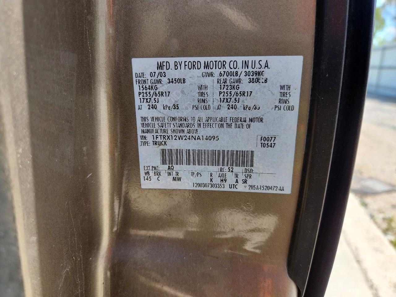 2004 Ford F150 Коричневый vin: 1FTRX12W24NA14095