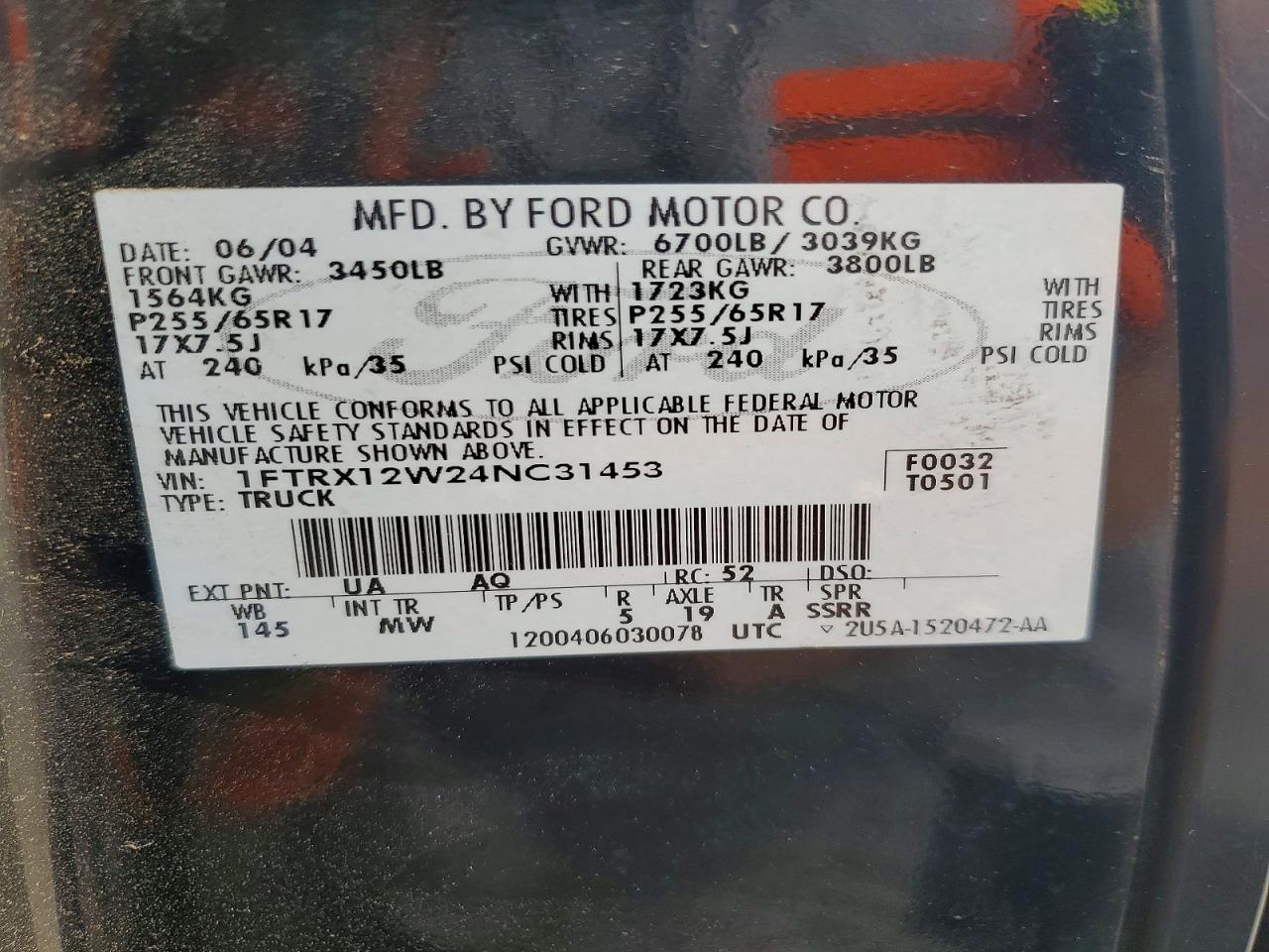 2004 Ford F150 Black vin: 1FTRX12W24NC31453